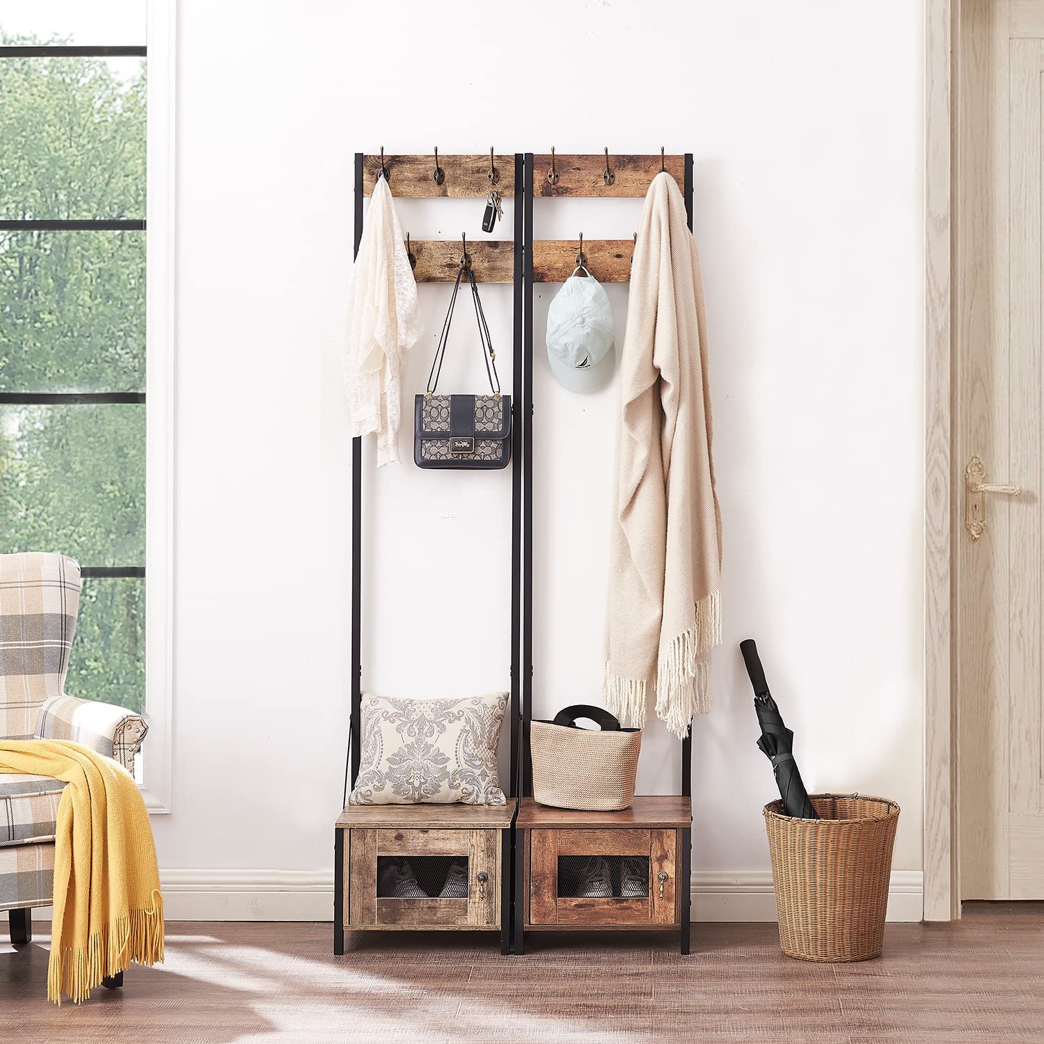 VECELO Hall Tree with Shoe Storage Entryway Coat Rack Tall Clothes Stand Freestanding with Hooks for Bedroom, Living Room