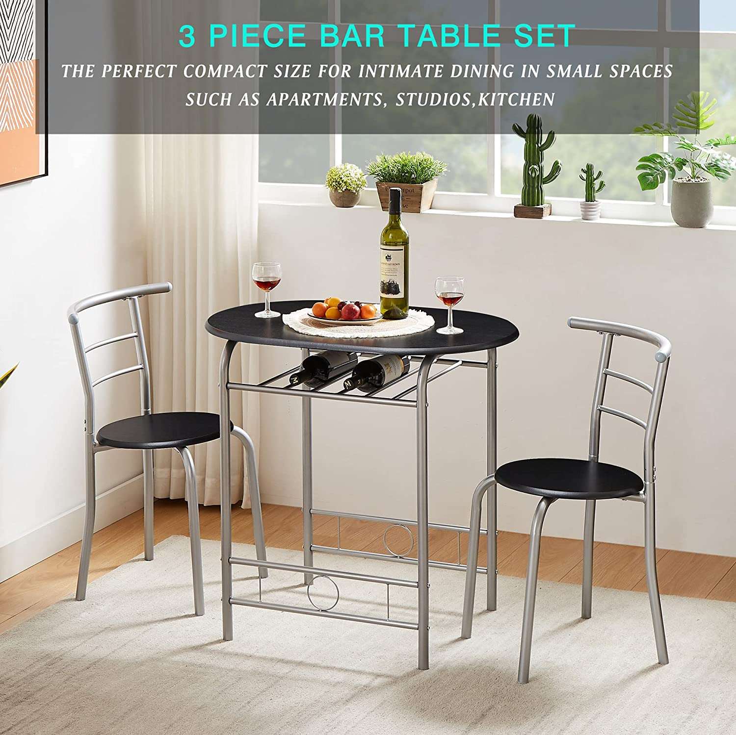 VECELO 3 Piece Wood Round Table & Chair Set with Wine Storage Rack for Dining Room Kitchen Bar Breakfast