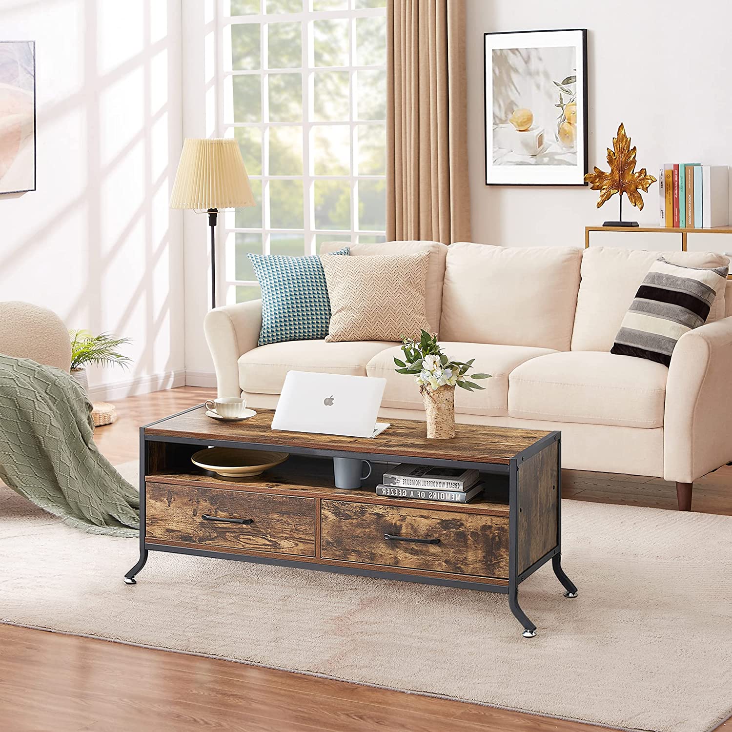 VECELO Industrial TV Stand/Television Cabinet/Coffee Table with Open Storage Console & Two Drawers