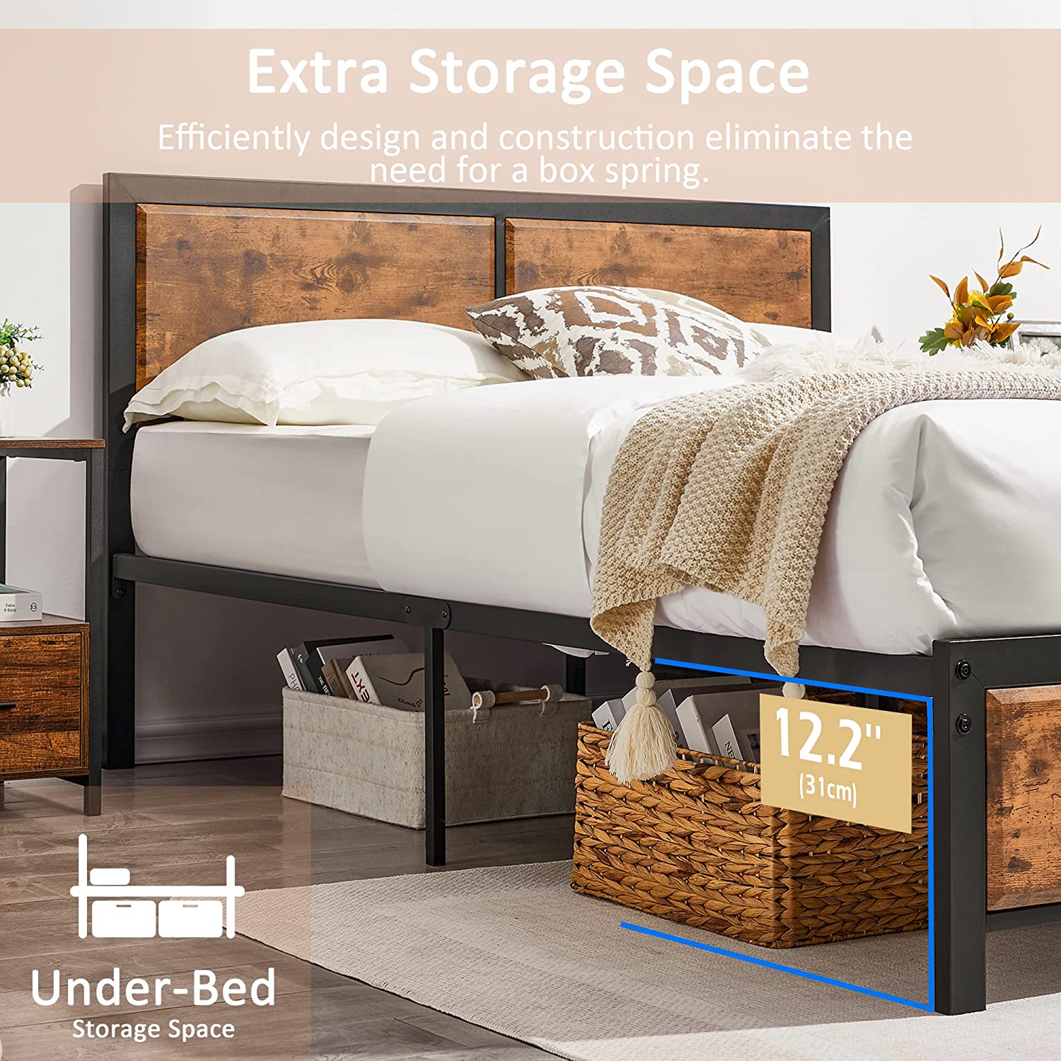 VECELO Platform Bed Frame/Mattress Foundation with Rustic Vintage Wood Headboard