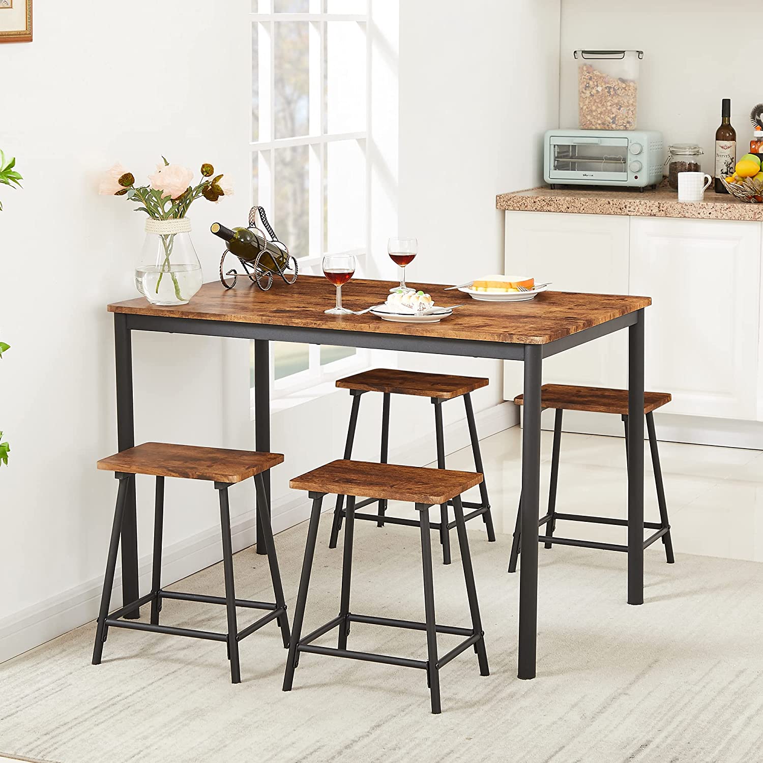 VECELO 5-Piece Dining Table Set Rectangular Bar Dinette Metal and Wood Kitchen Furniture with 4 Stools