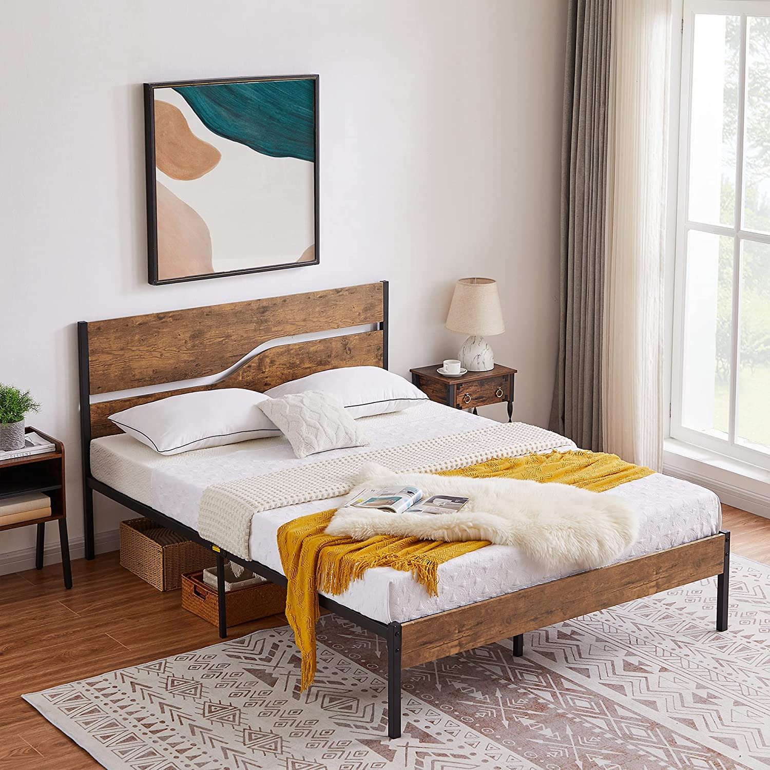 VECELO Platform Bed Frame/Mattress Foundation with Rustic Vintage Wood Headboard