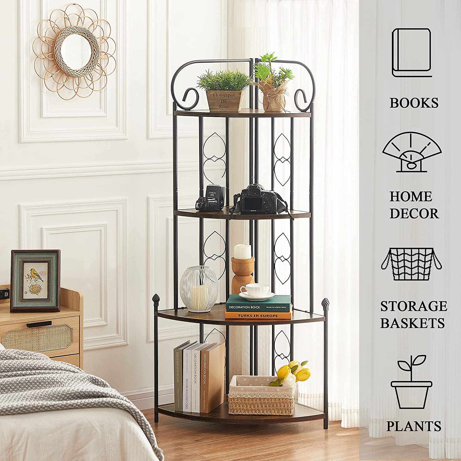 VECELO 4-Tier Ladder Corner Shelf with Metal Frame, Multipurpose Bookshelf Bookcase, Plant Stand & Storage Display Shelves for Living Room, Bedroom, Office