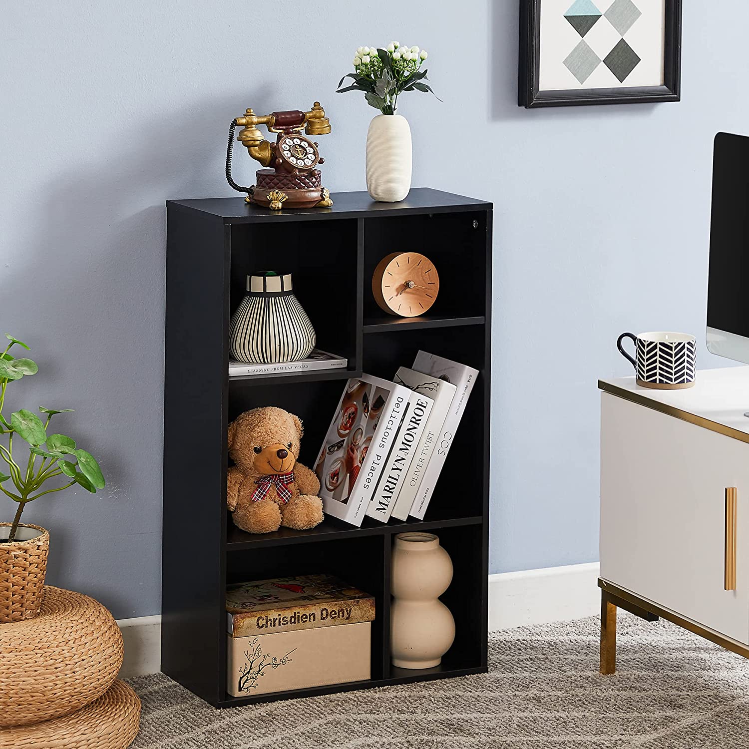 VECELO Modern 3-Tier Small Bookcase, 4 Cube/5 Cube Bookshelf/Storage Organizer for Living Room,Bedroom,Home Office