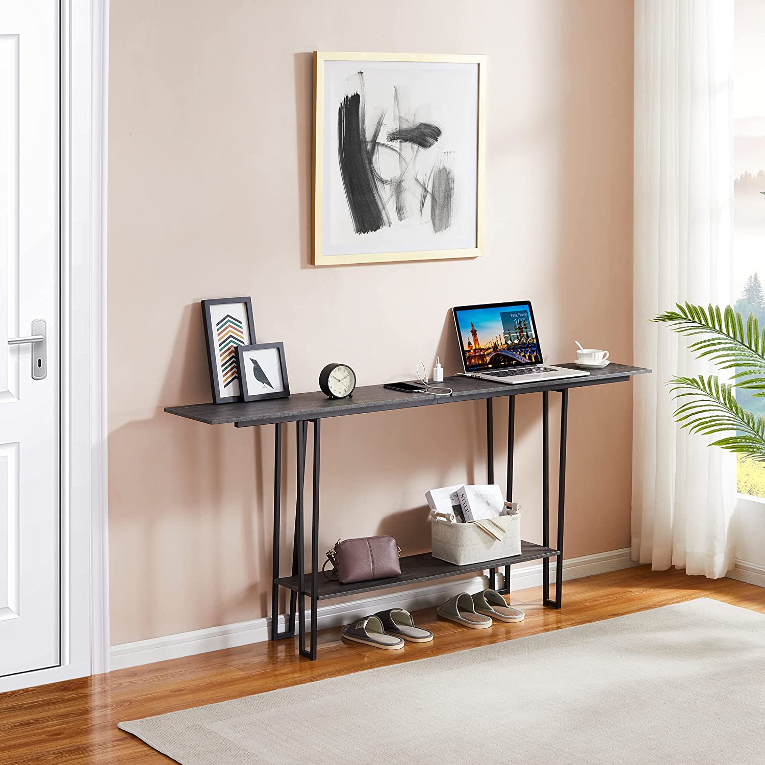 VECELO Narrow Console Table Behind Sofa Couch with Metal Frame and Buffle, Couch Side & Console Table with 2 Outlets and USB Ports, Narrow Entryway Furniture