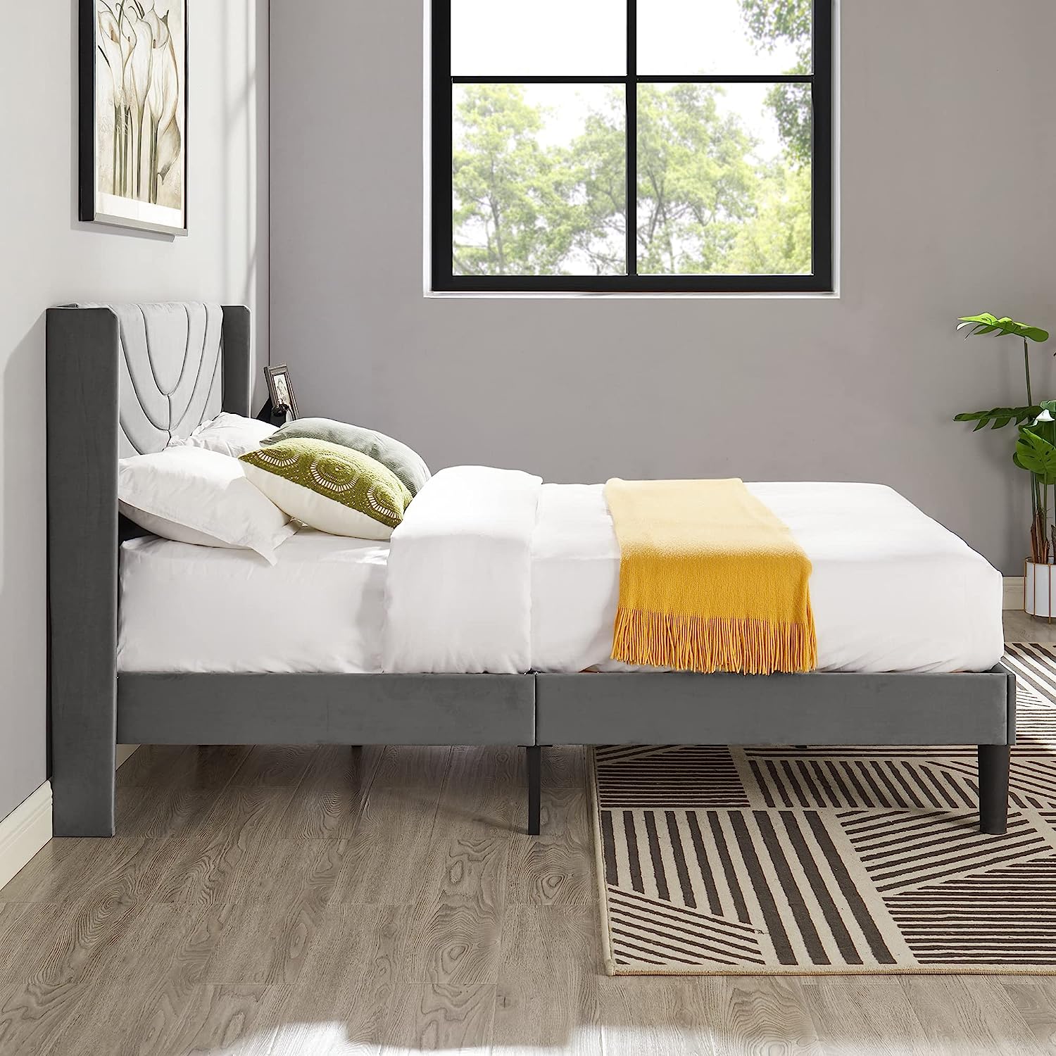 VECELO Upholstered Platform Bed Frame with Adjustable Fabric Headboard