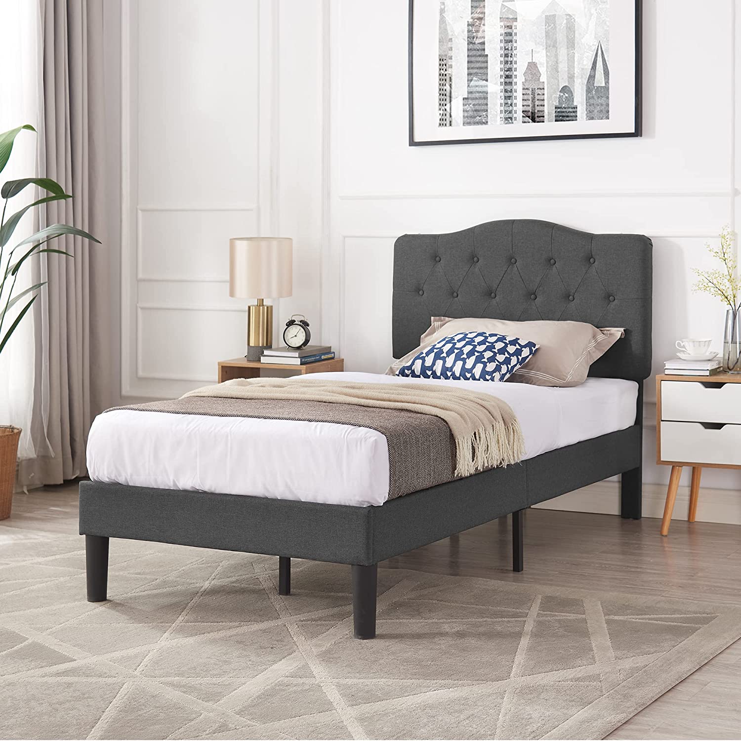 VECELO Classic Grey Upholstered Platform Bed Frame with Diamond Stitched Cloth