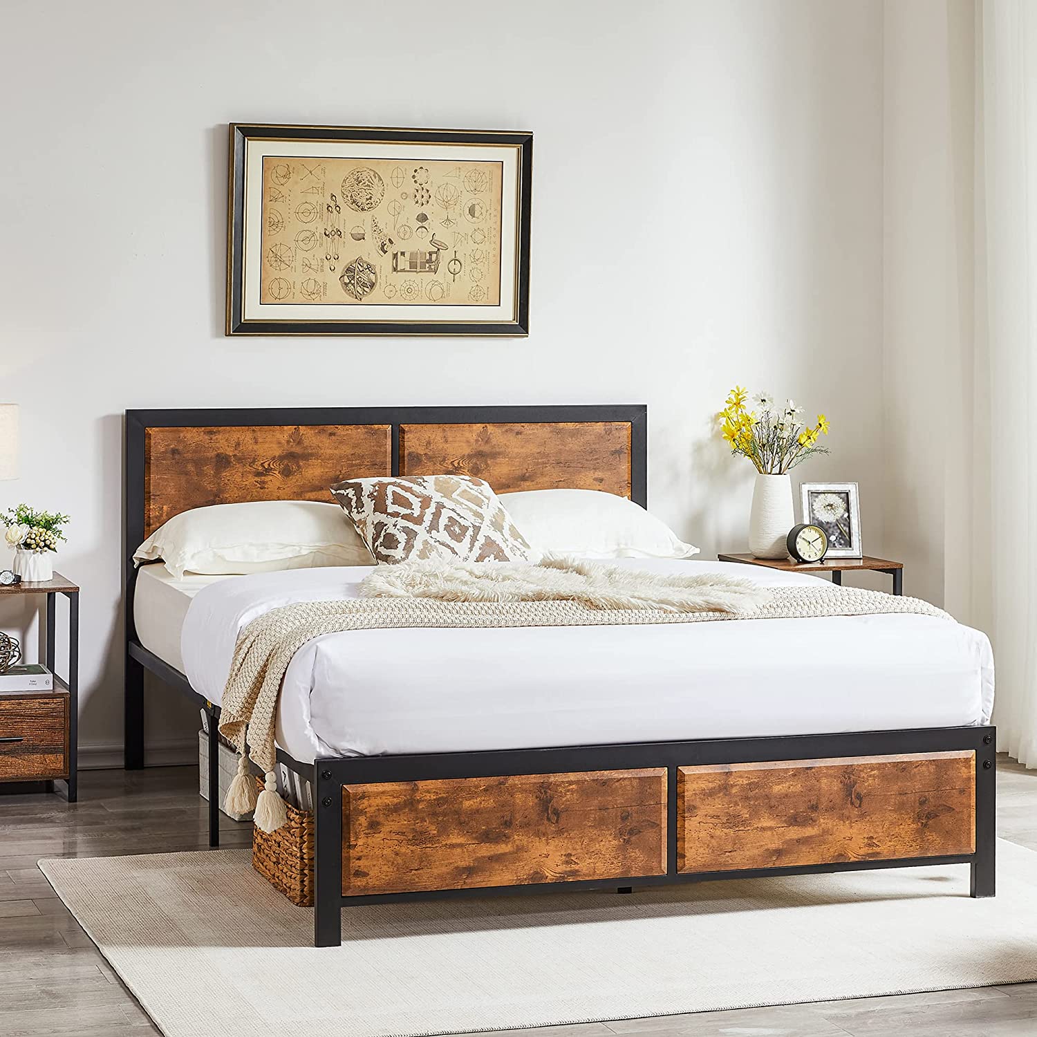 Platform Bed Frame/Mattress Foundation with Rustic Vintage Wood Headboard