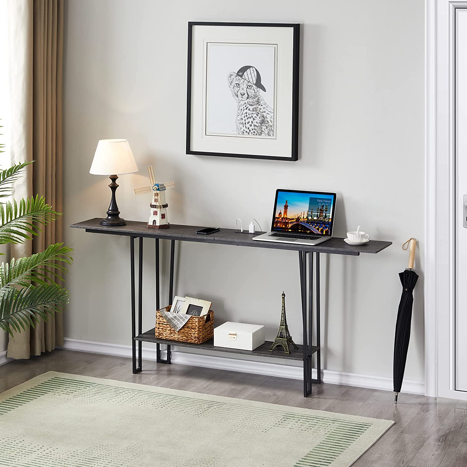 VECELO Couch Side & Console Table with 2 Outlets & 2 USB Ports