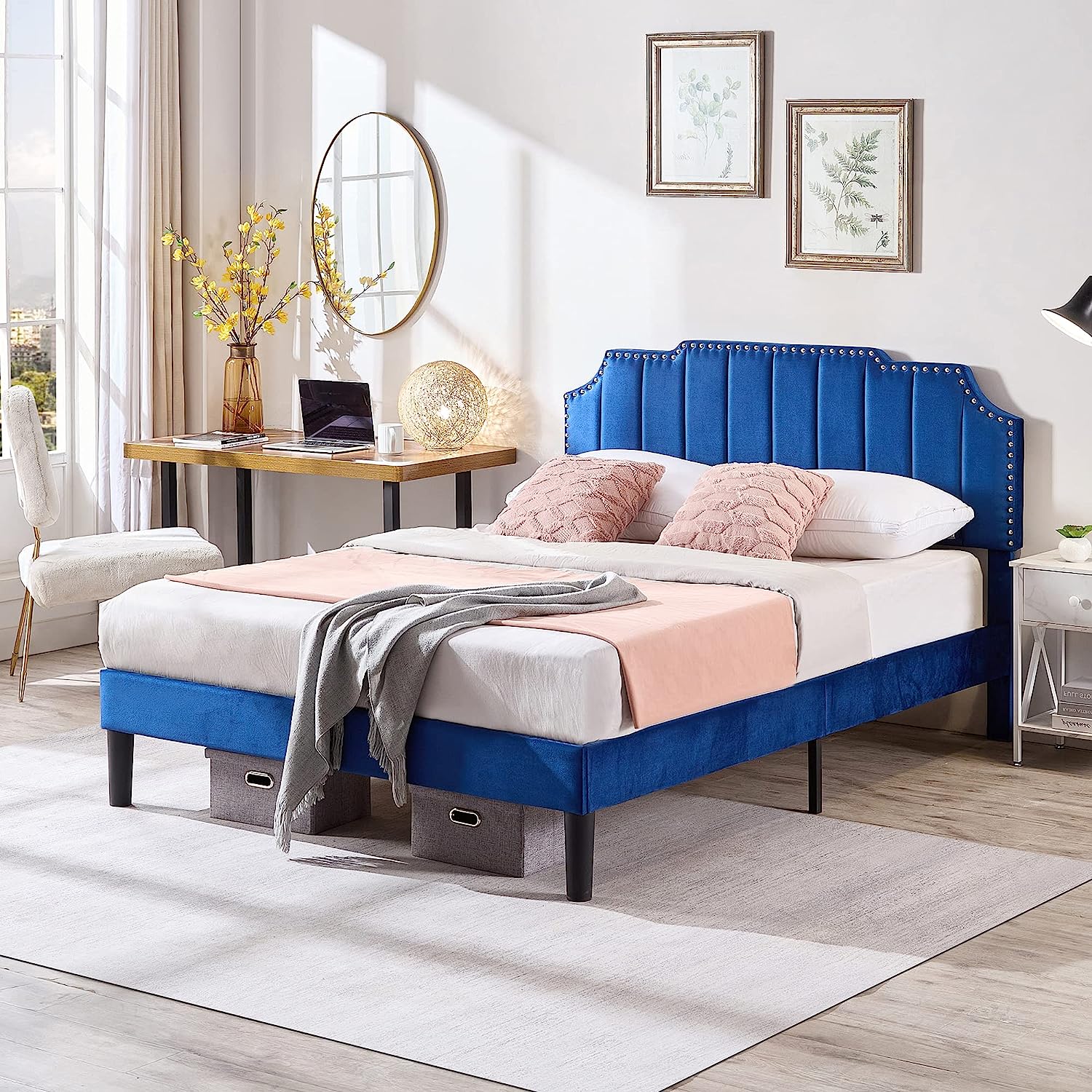 Upholstered Platform Bed Frame with Tufted Adjustable Headboard