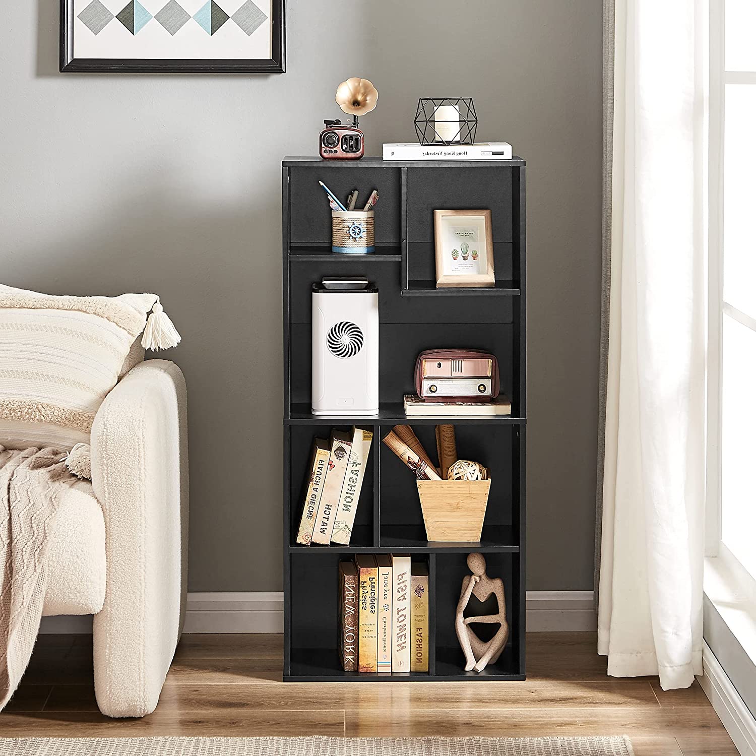 Modern Black Cube Bookcase with Metal 4-Tier Bookshelf Tower