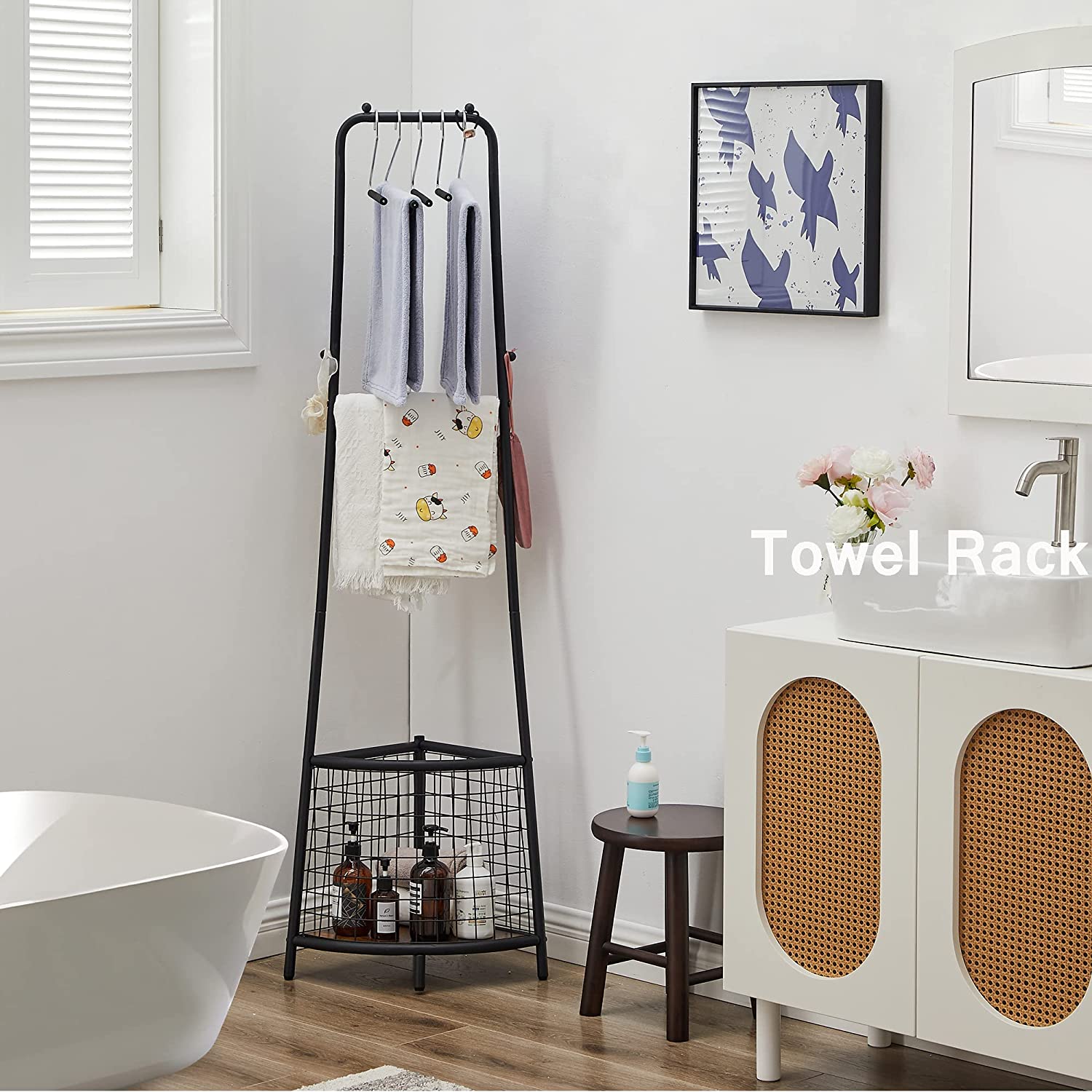 VECELO Freestanding Coat Rack with Metal Basket, Hall Trees with Steel Frame, Space Saving Cloth Hanger