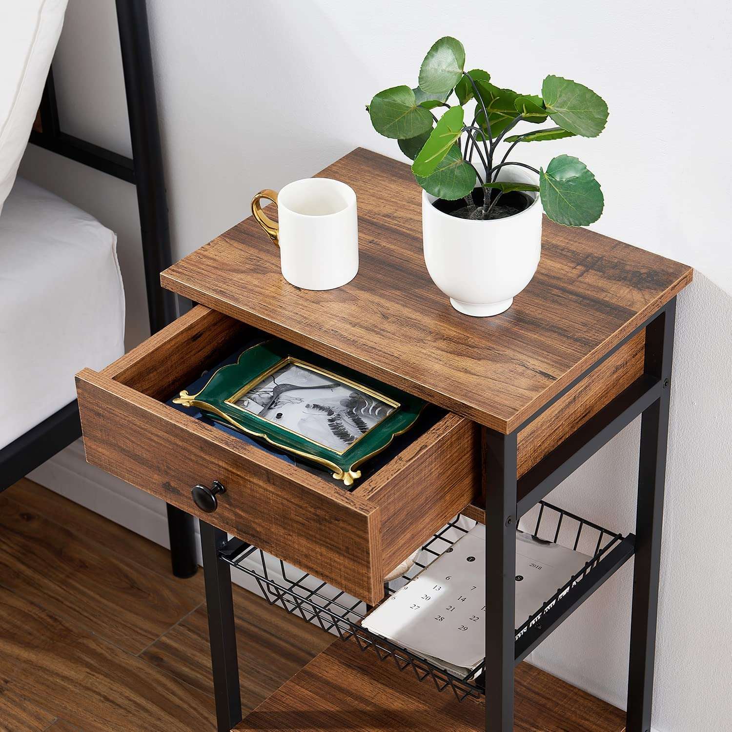 nightstand with storage drawer and basket
