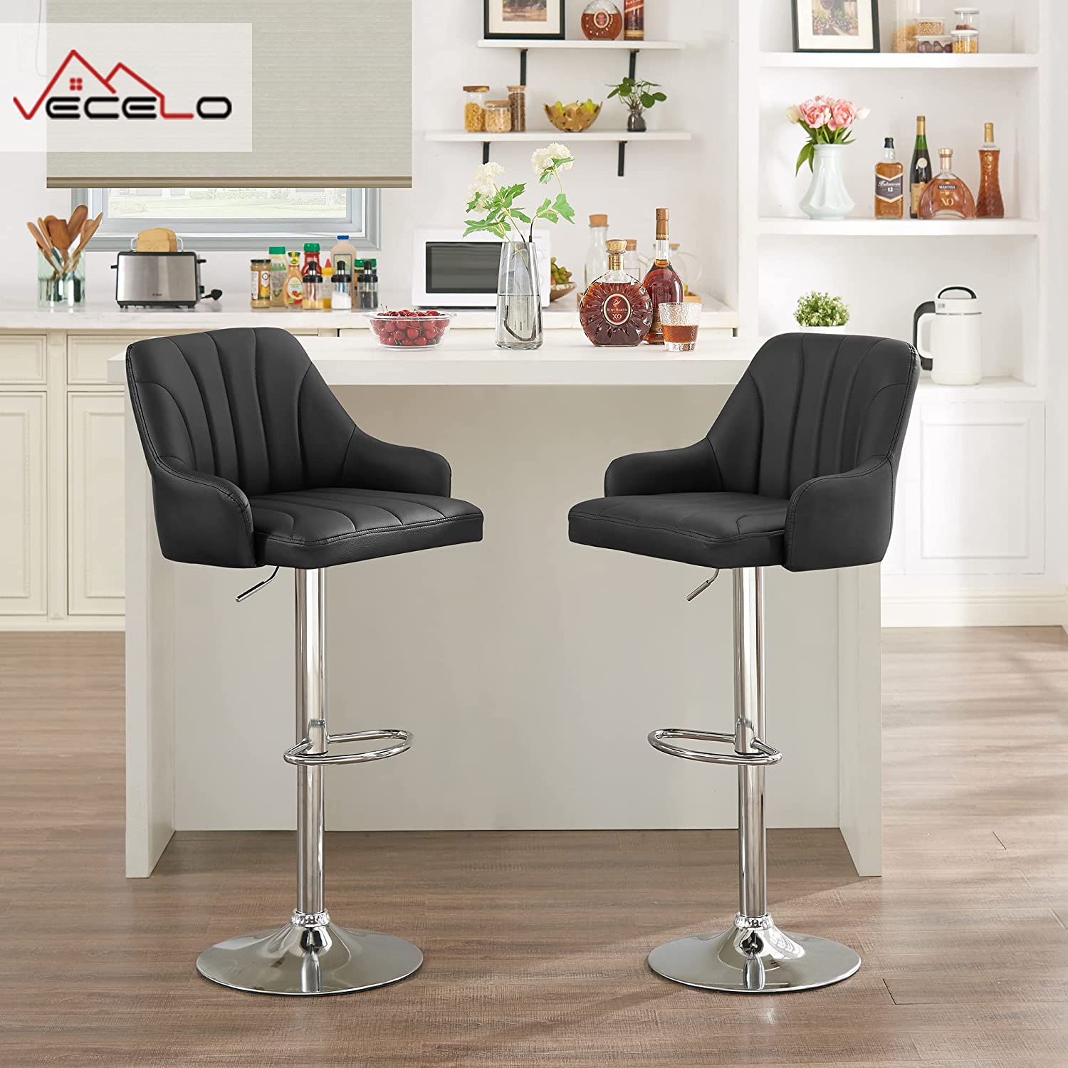VECELO Adjustable Counter Height  Bar Stools with Back and Arm Stools Set of 2, Kitchen Island Stools with Swivel PU Chairs for Pub, Dining Room