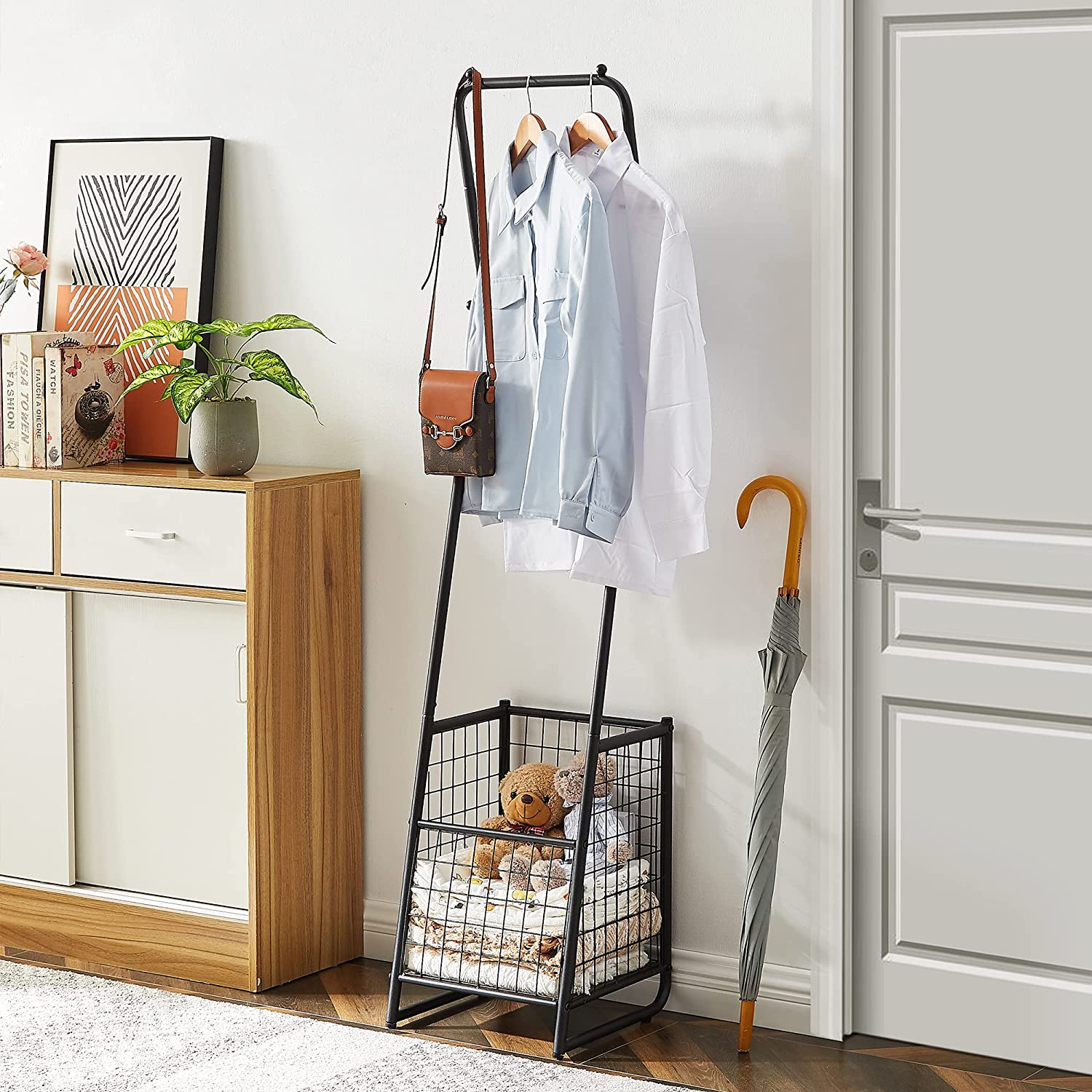 VECELO Metal Coat Rack Stand with Anti-Drop Design, Space Saving Hall Trees with Steel Basket