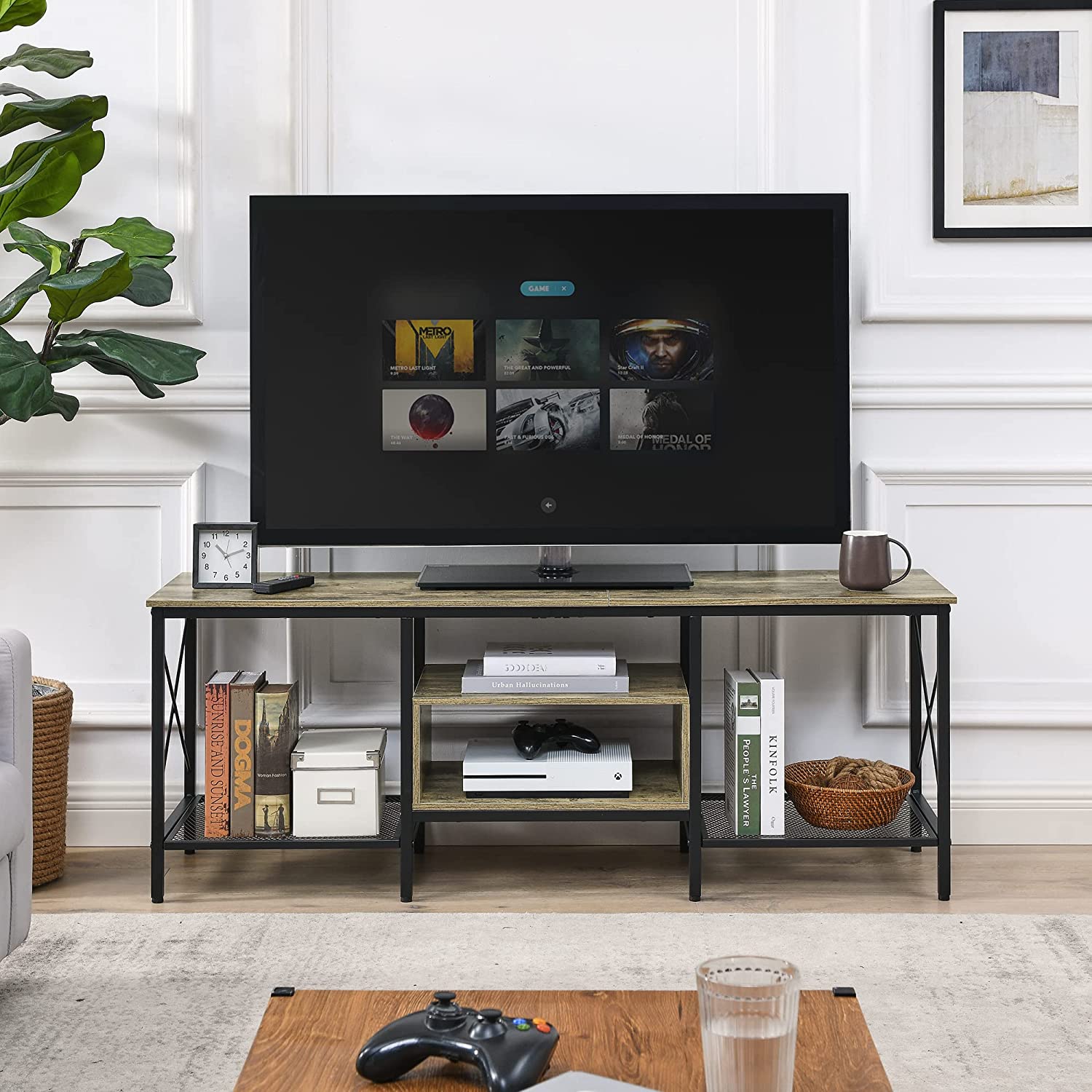 VECELO Industrial TV Stand Television Cabinet 3-Tier Console with Open Storage Shelves, Entertainment Center with Metal Frame for Living Room