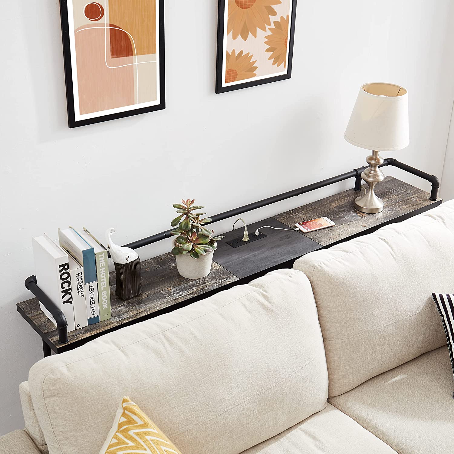 VECELO Extra Long Console/Sofa Table with Charging Station&Power Outlet, Narrow Industrial Behind Couch for Entryway,Hallway,Living Room