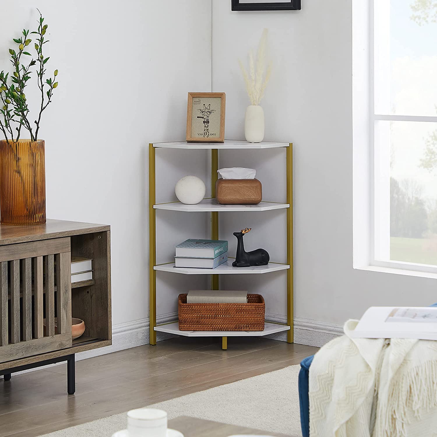 VECELO 31" Tall Corner Shelf/4-Tier Display Shelves with Metal Frame for Bedroom,Living Room,Home Office