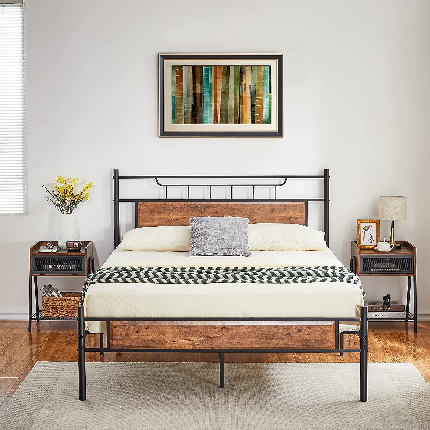 VECELO Platform Bed Frame with Wood Headboard No Box Spring Needed Heavy Duty Steel Slat