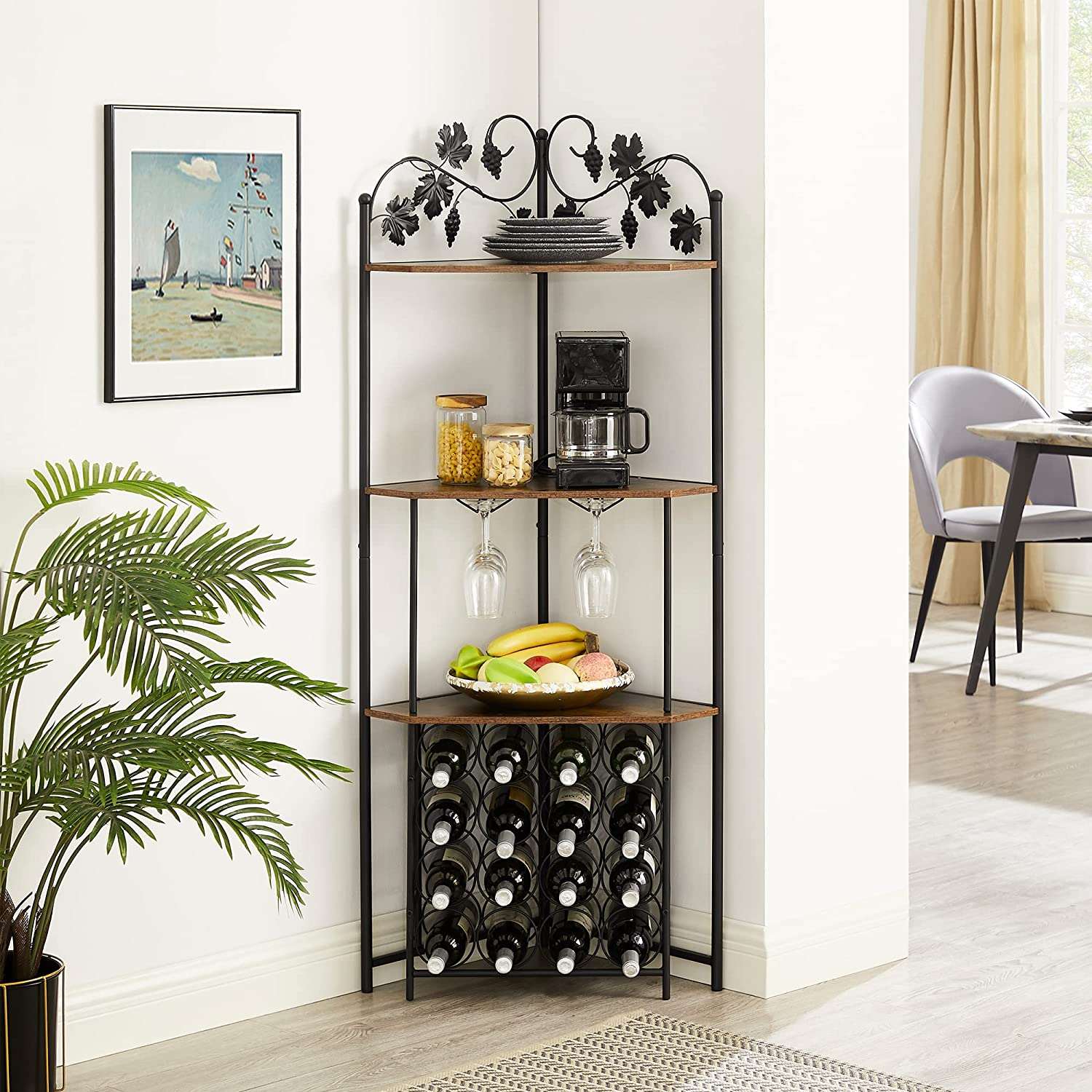 VECELO 3-Tier Corner Wine Rack Freestanding Floor with Glass Holder, 16 Bottles Wooden Cabinet Storage Display Shelf for Kitchen