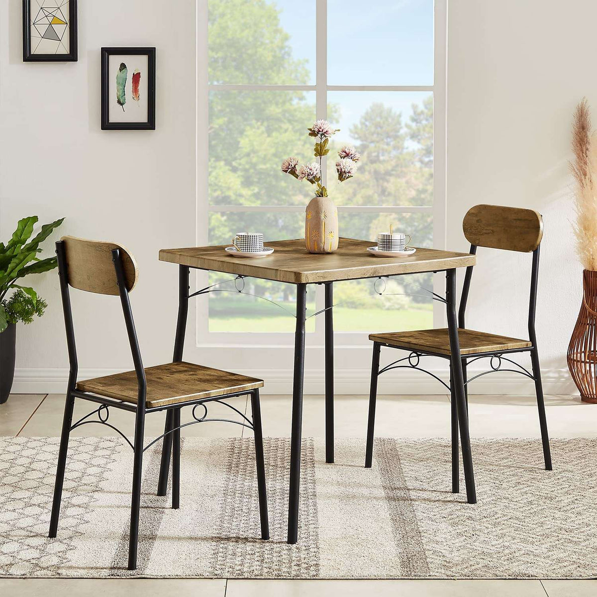 VECELO 3-Piece Dining Room Set Wooden Square Dining Table with 2 Chair
