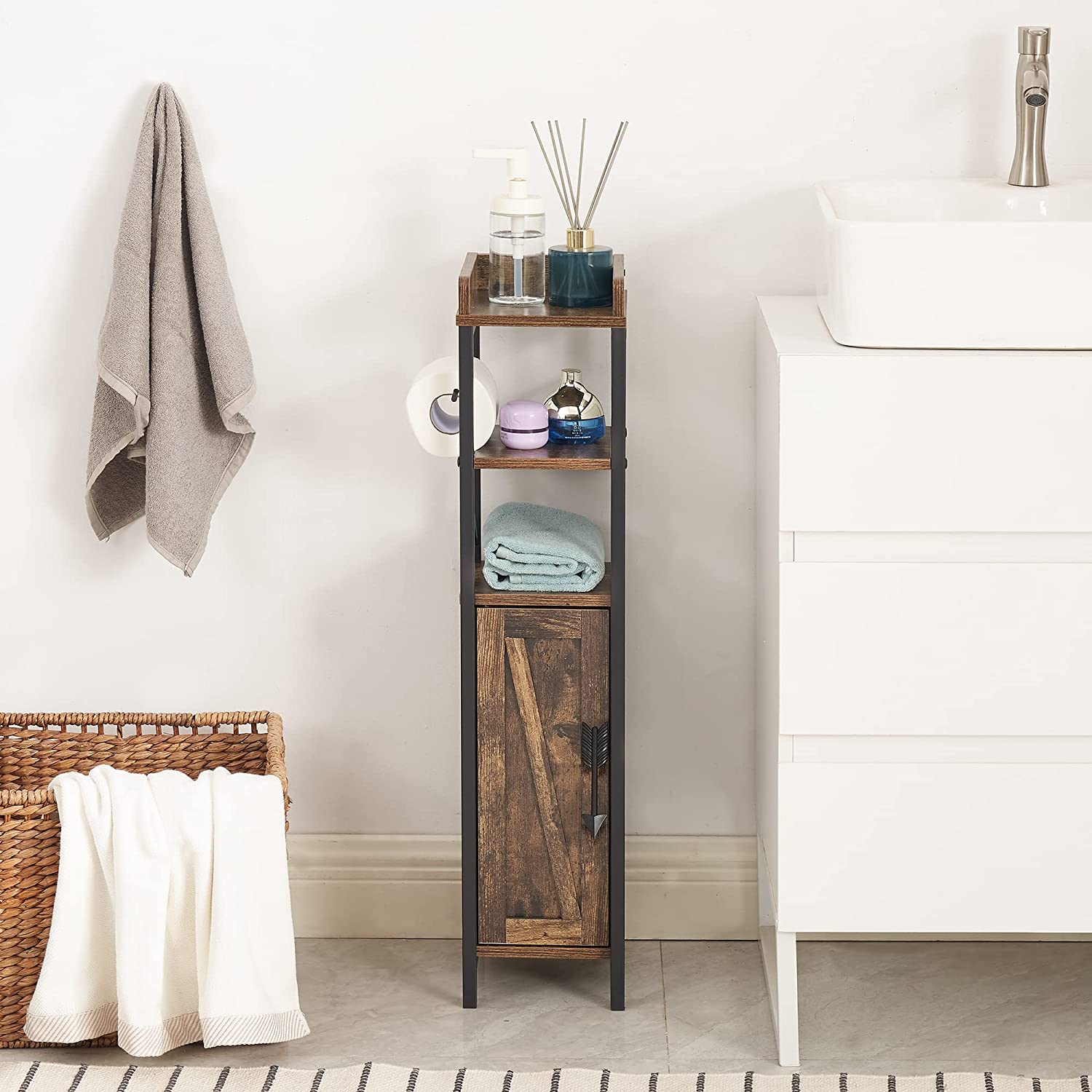 VECELO Small Bathroom Cabinet, Slim Toilet Paper Holder with Door & 2