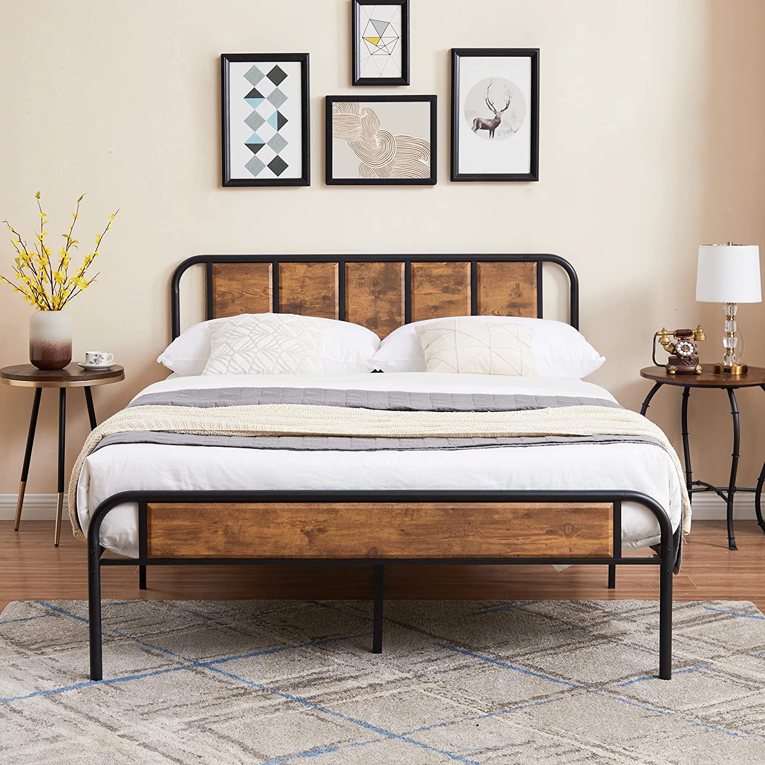 VECELO Bed Frame Metal Platform with Wooden Headboard Footboard Heavy Duty Mattress Foundation - VECELO
