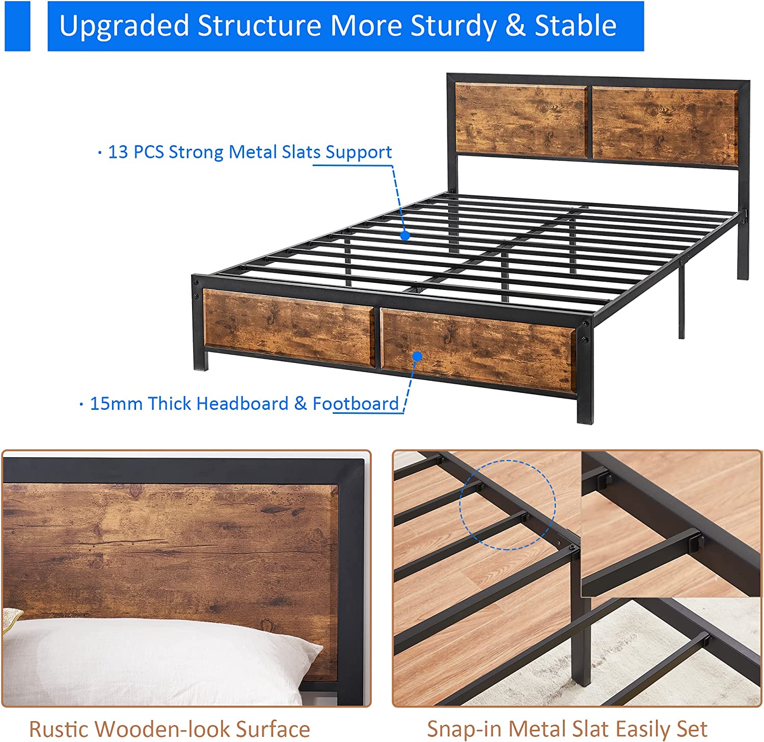 Platform Bed Frame/Mattress Foundation with Rustic Vintage Wood Headboard