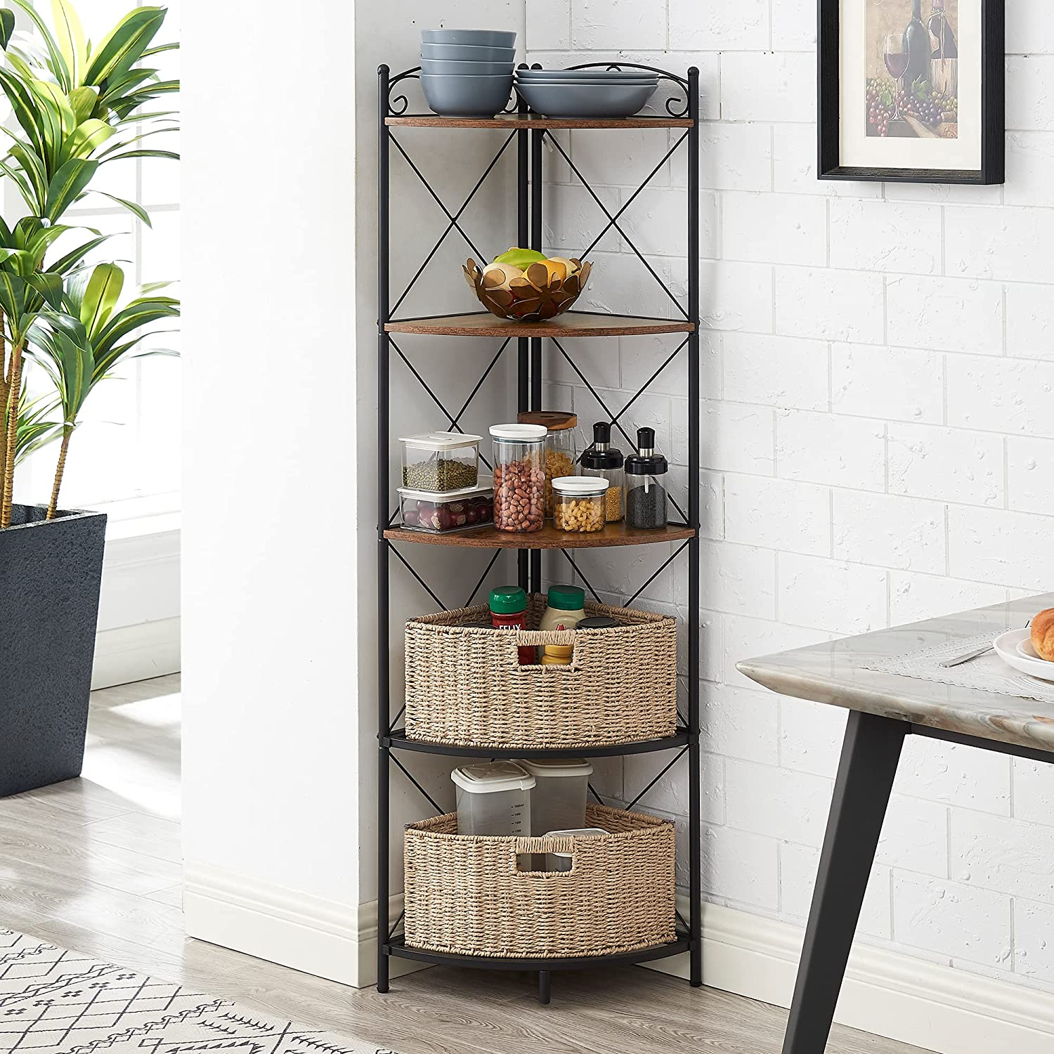 VECELO Corner Storage Cabinet with Wooden Shelves Free-Standing Organizer