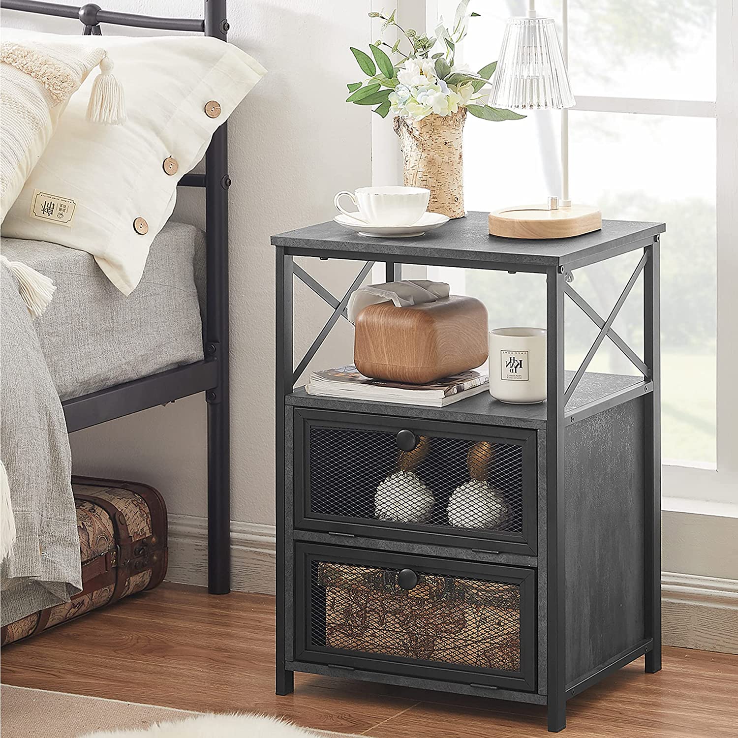 VECELO Narrow End Side Table/Tall Nightstand with 2 Drawers and Open S