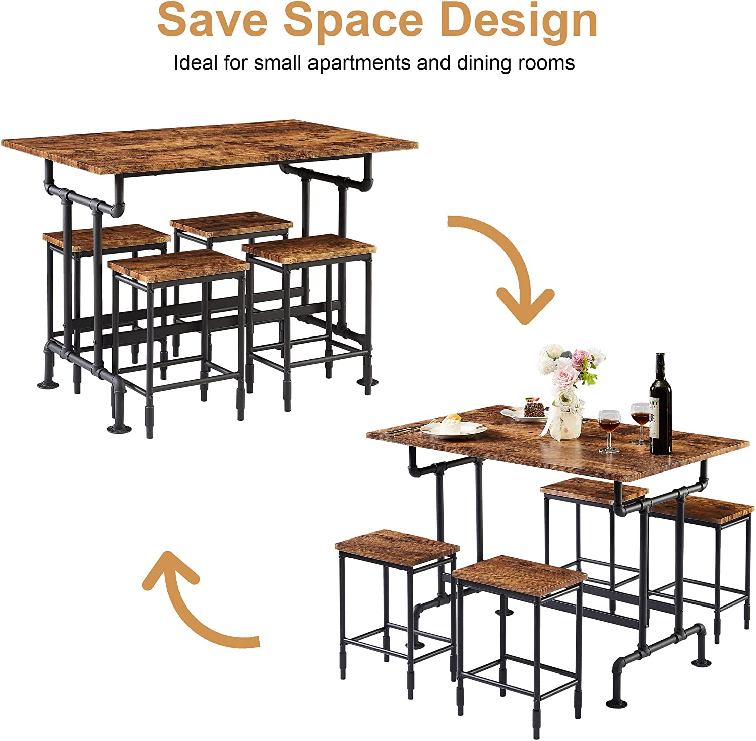 VECELO Farmhouse Dining Table Set for 4 Kitchen Industrial Bar Dinette with Rectangular Tabletop