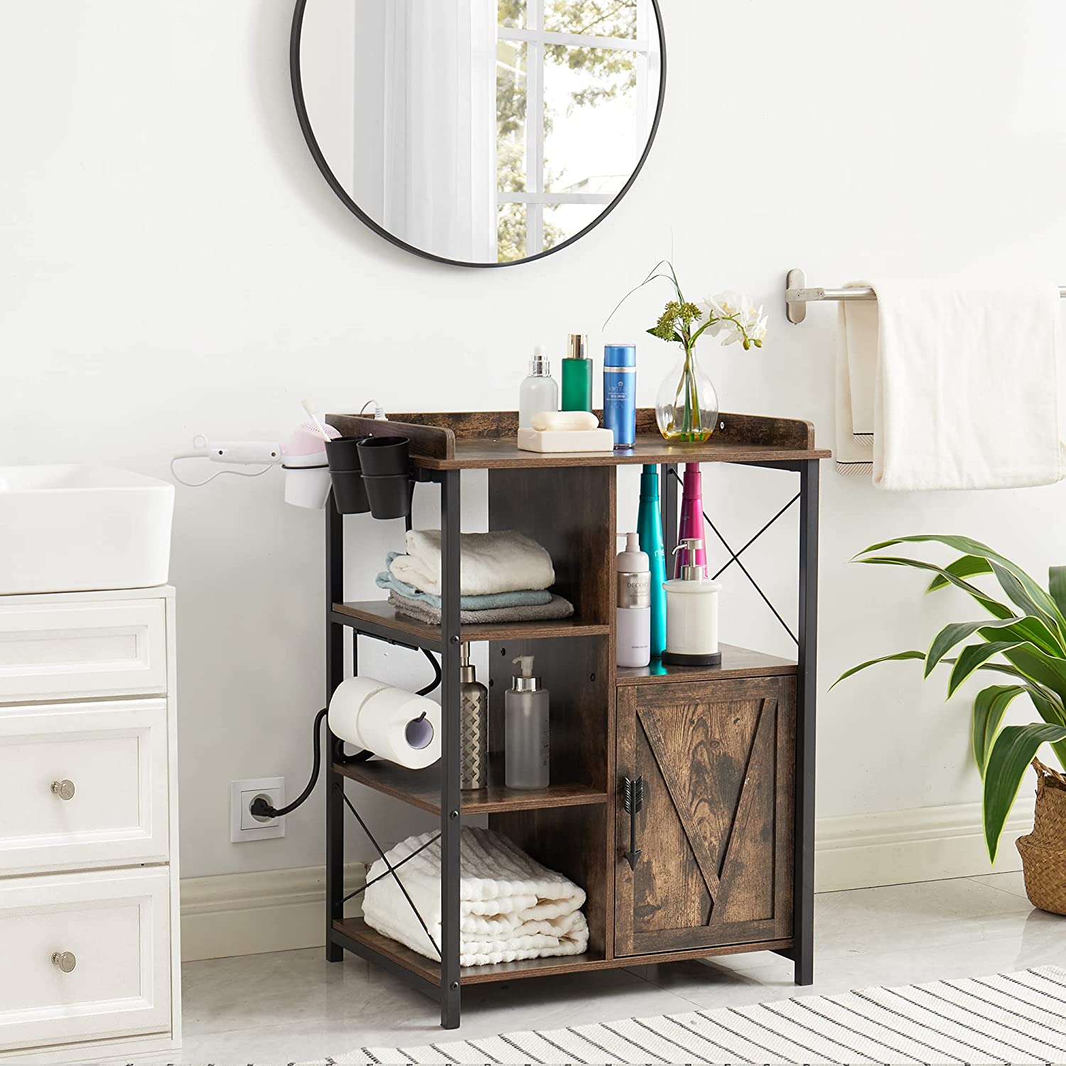VECELO Floor Cabinet, Freestanding Storage Organizer with 2 Outlets & 3 Shelves for Bathroom, Kitchen,Hallway