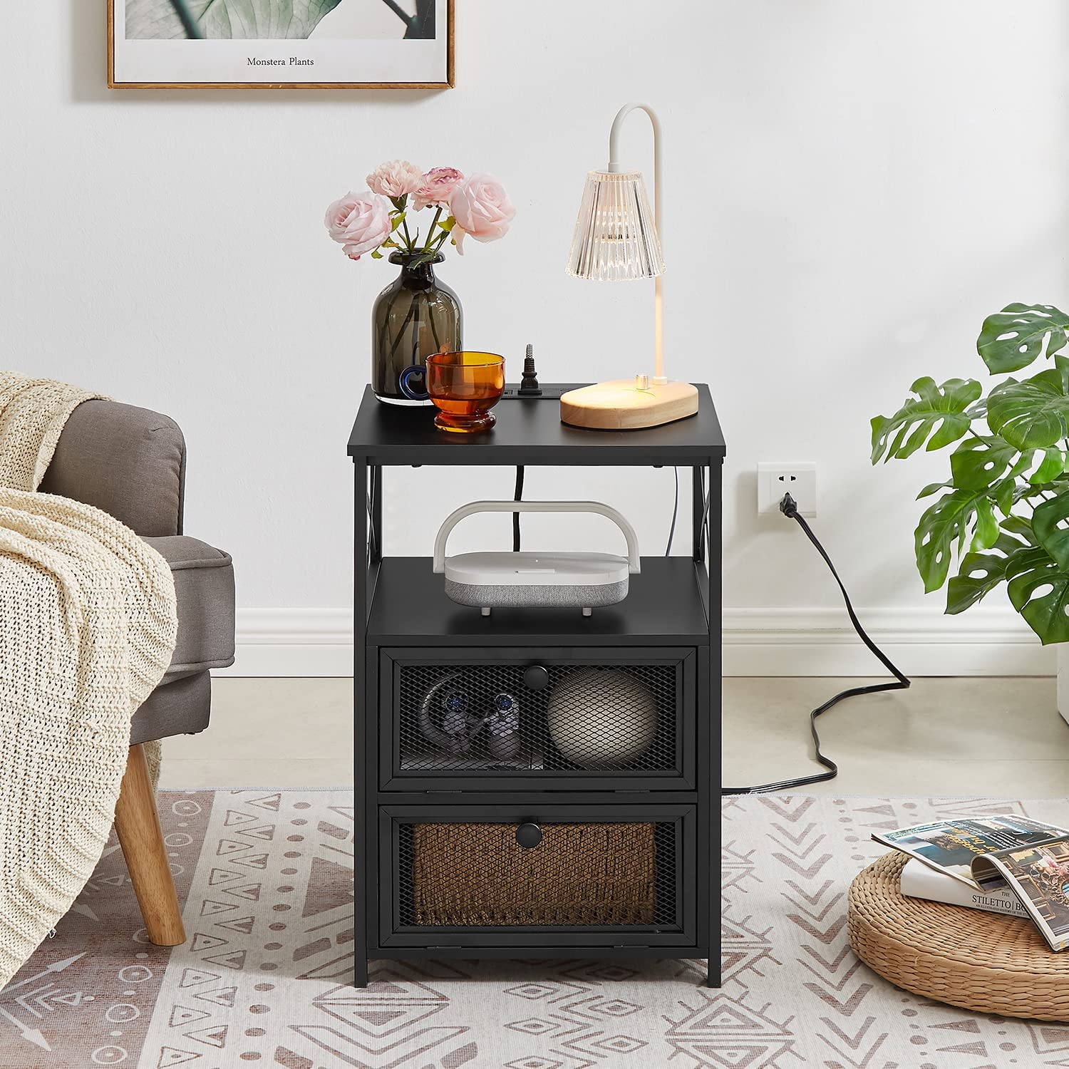 End Side Tables with Charging Station,2 Flip Drawers and USB Ports & Power Outlets