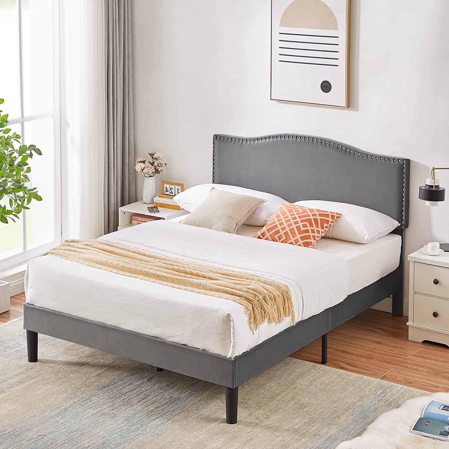 VECELO Bed Frame Platform Bed Frame with Upholstered Headboard, Strong Frame and Wooden Slats Support