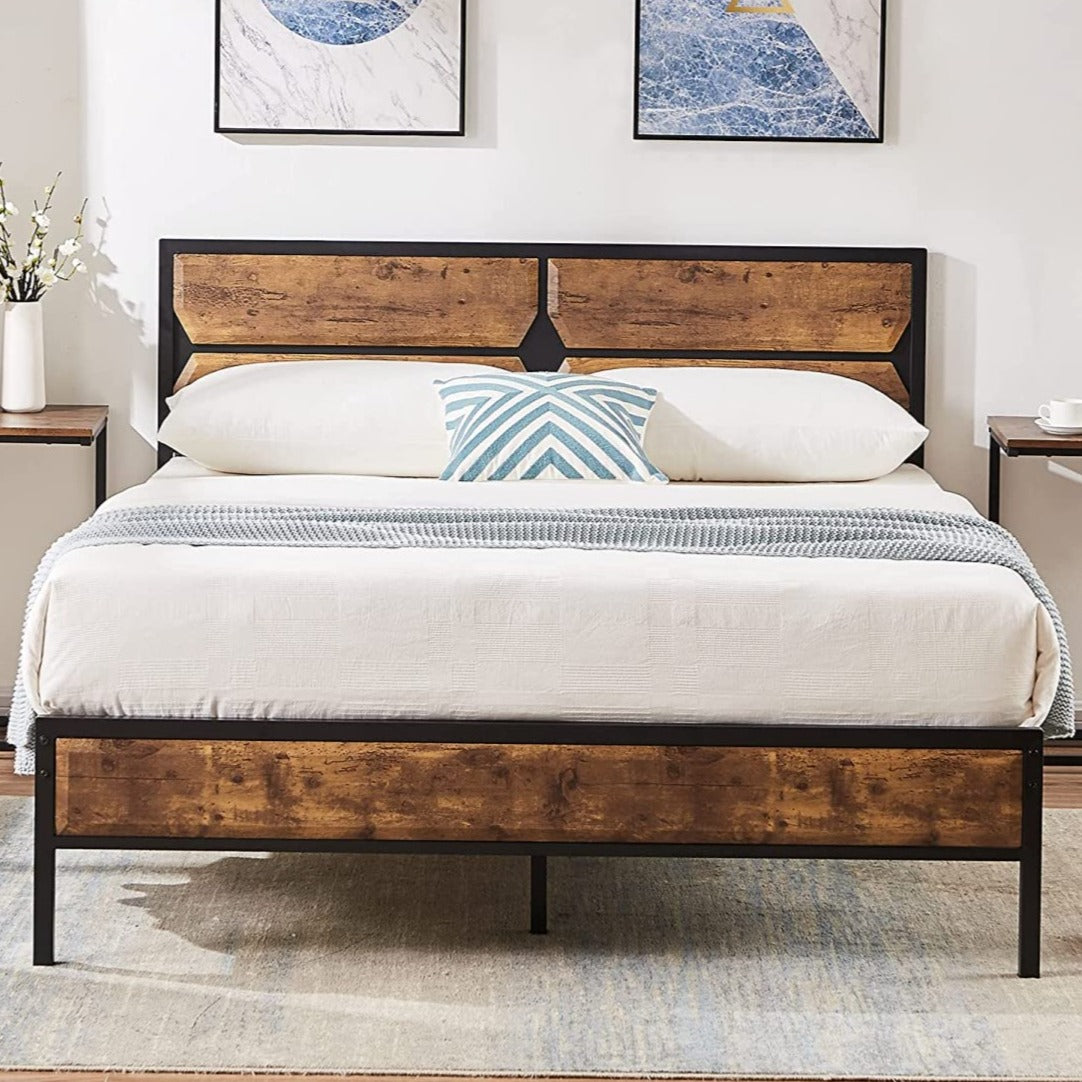 VECELO Bed Frame Metal Platform with Wooden Headboard&Footboard Mattress Foundation