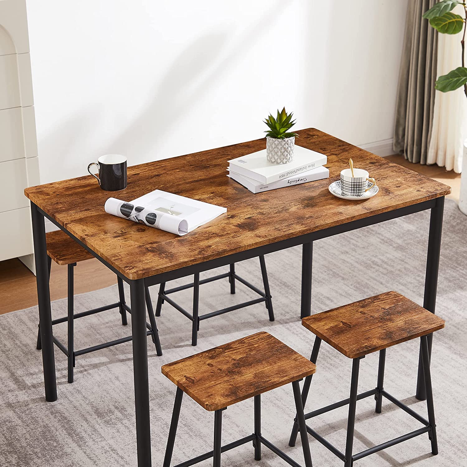 VECELO 5-Piece Dining Table Set Rectangular Bar Dinette Metal and Wood Kitchen Furniture with 4 Stools