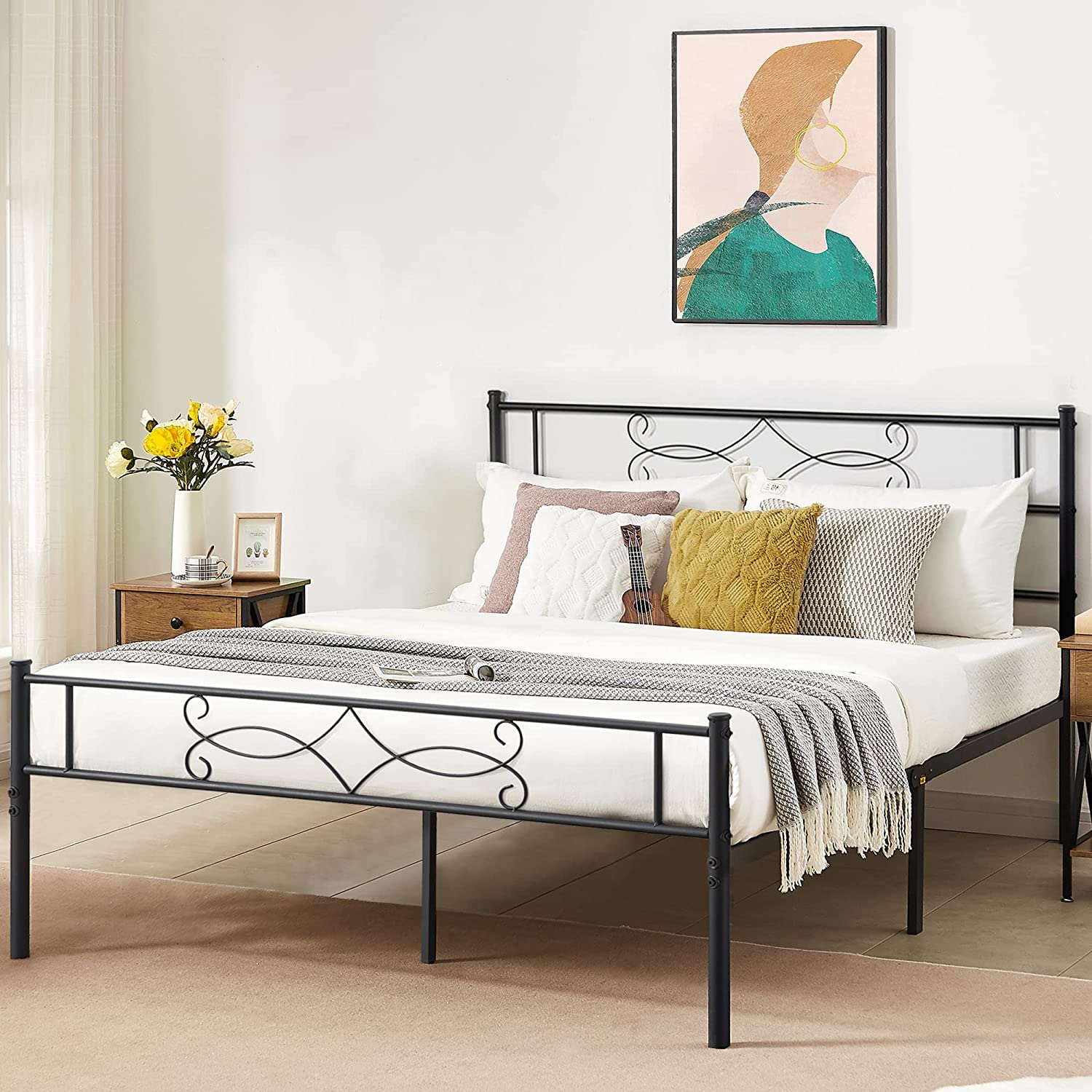 VECELO Queen Bed Frames No Box Spring Needed, Heavy Duty Metal Platform with Steel Slat, Easy Assembly, 60 in. W, Black, 9 Legs, Black 14 in.