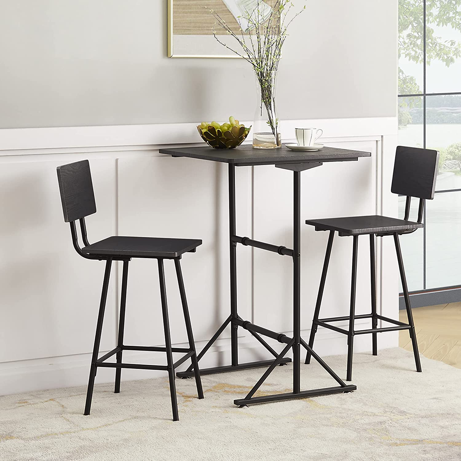 VECELO 3 Piece Bar Table Set, Wood Rectangle Counter Height Dinette with 2 Bistro Stools for Kitchen Breakfast Nook