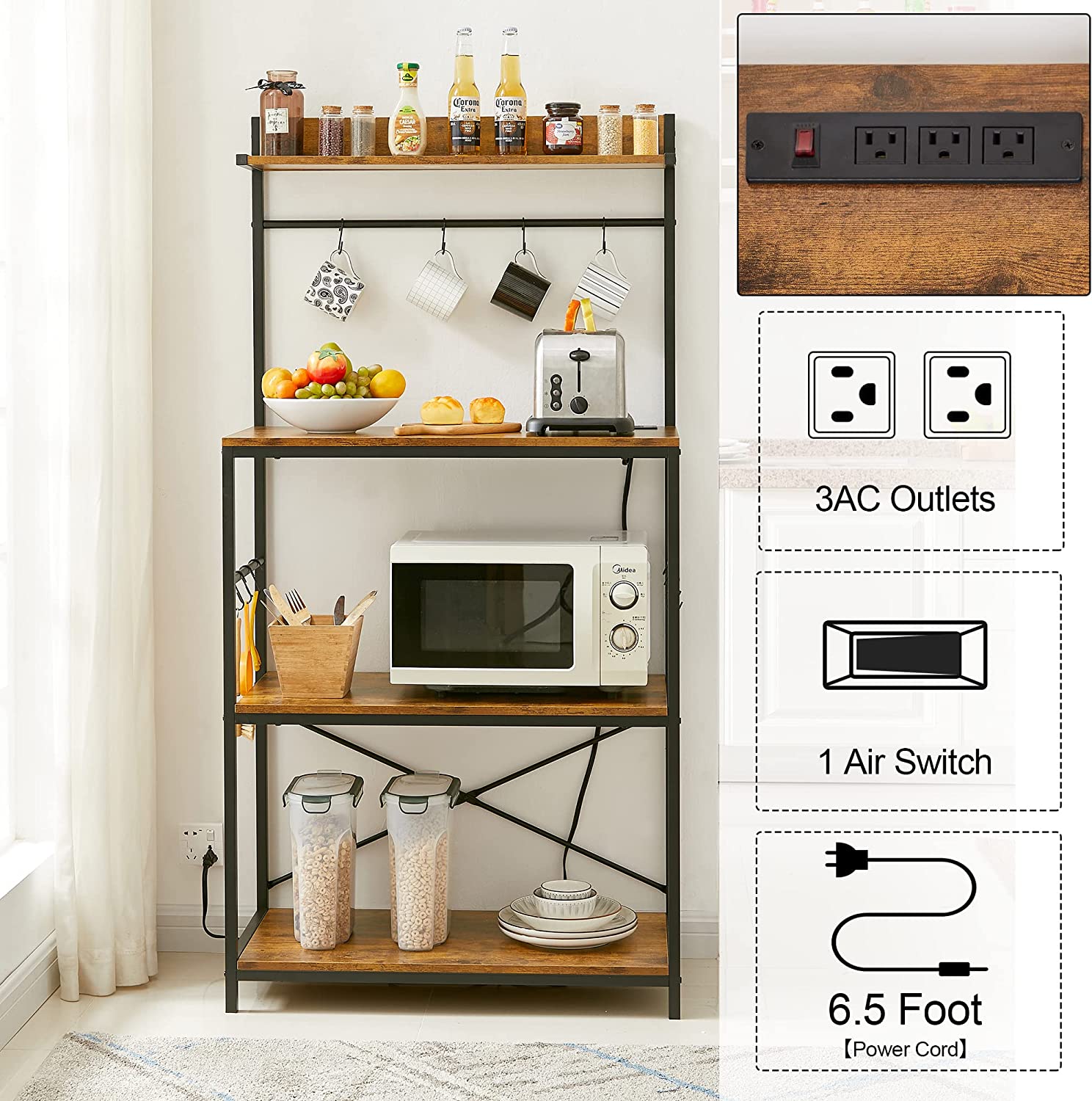 VECELO Bakers Rack with Power Outlets, Multiuse 4-Tier Kitchen Utility Storage Shelf with 10 Hooks, Floor Standing Spice Organizer Workstation