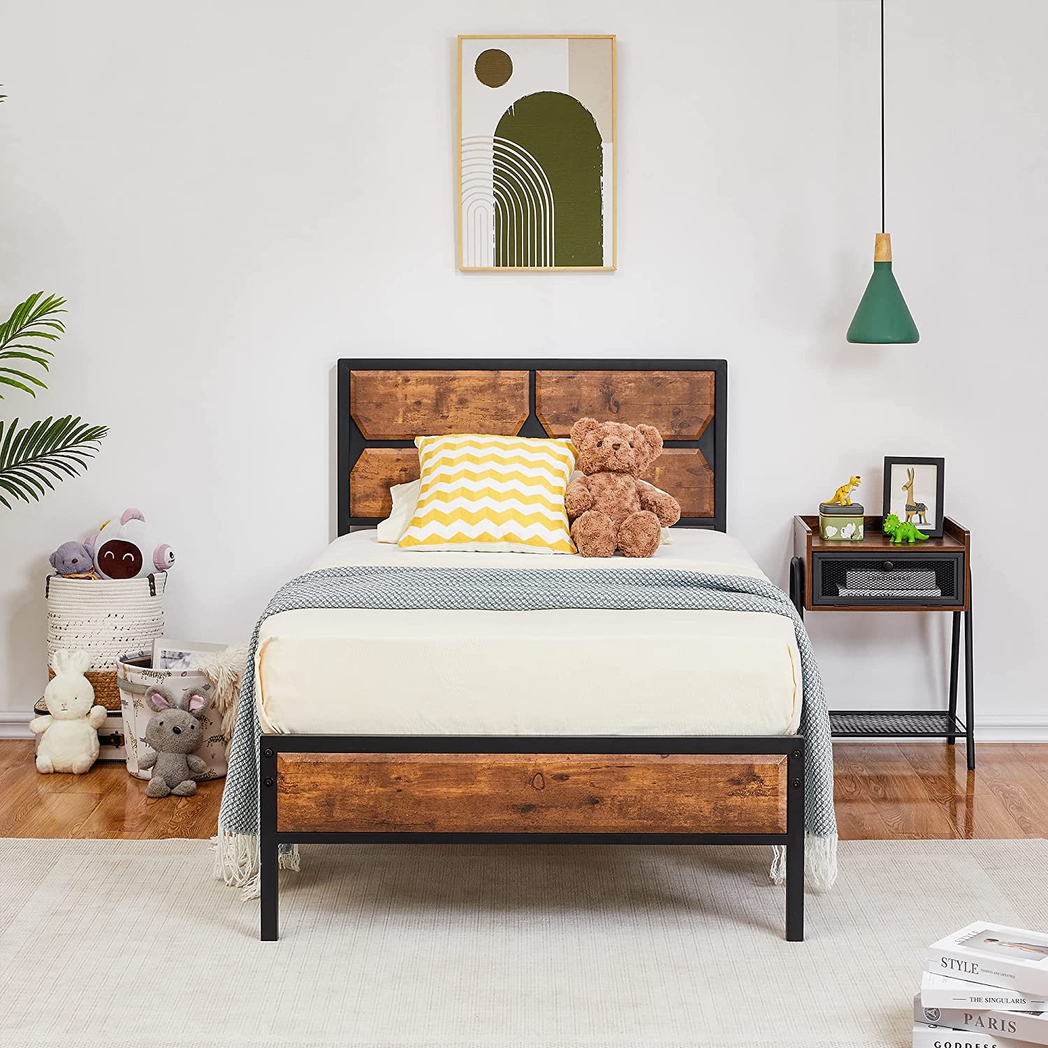 VECELO Metal Bed Frame Platform with Wooden Headboard&Footboard Mattress Foundation