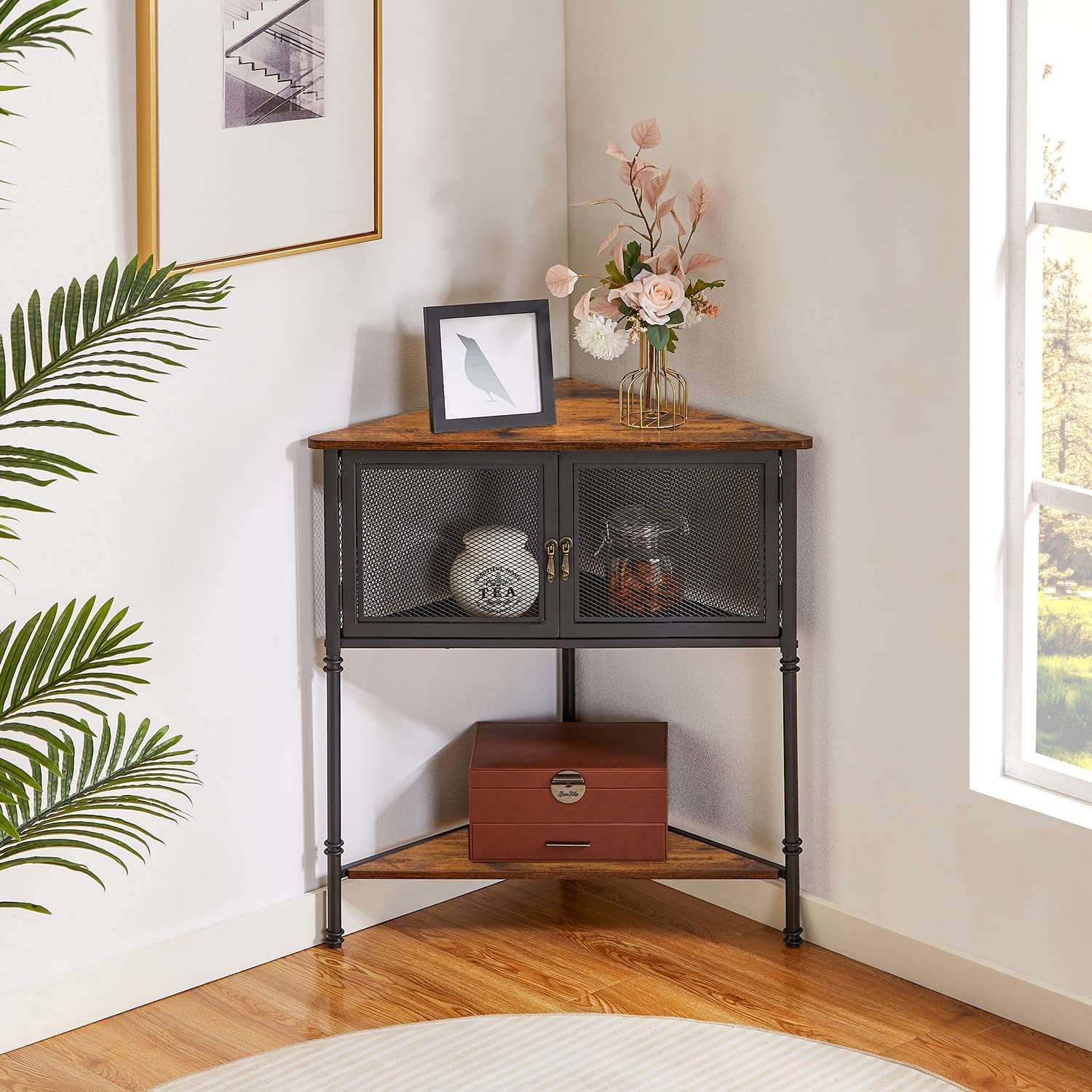 3-Tier Corner Shelf with Storage Cabinet