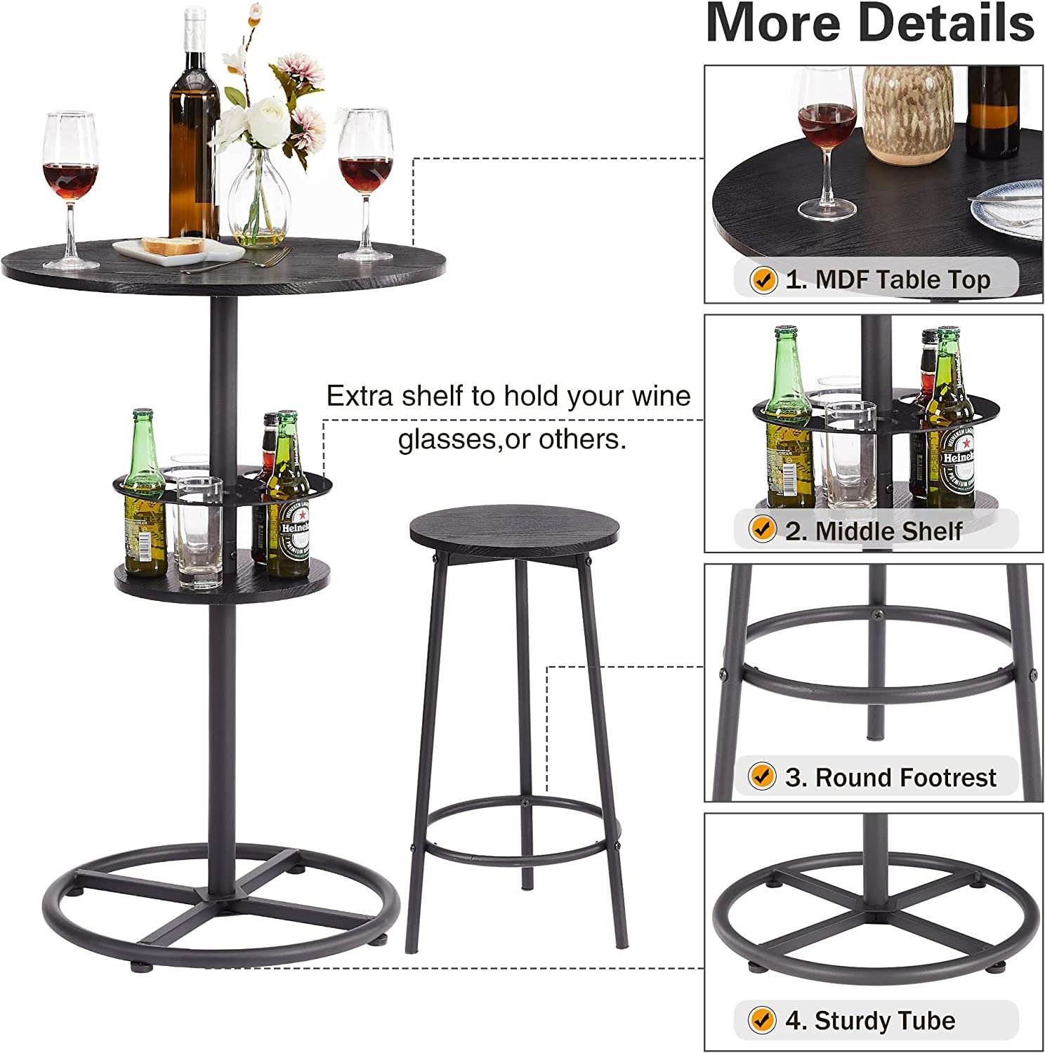 VECELO 3 Piece Bar Dining Set, Small 2-Tier Round Pub Table with Barstools, Kitchen Counter Height Wood Top Bistro for Breakfast Nook