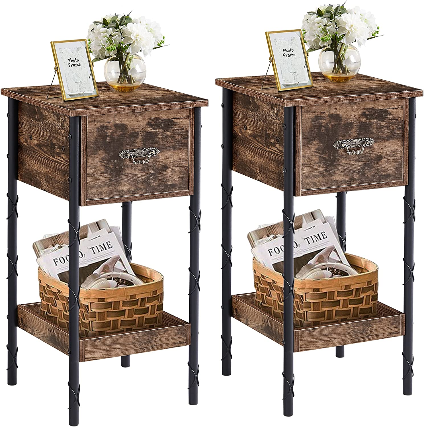 VECELO Vintage Narrow End Table/Nightstand with Drawer and Storage Shelf for Bedroom, living room