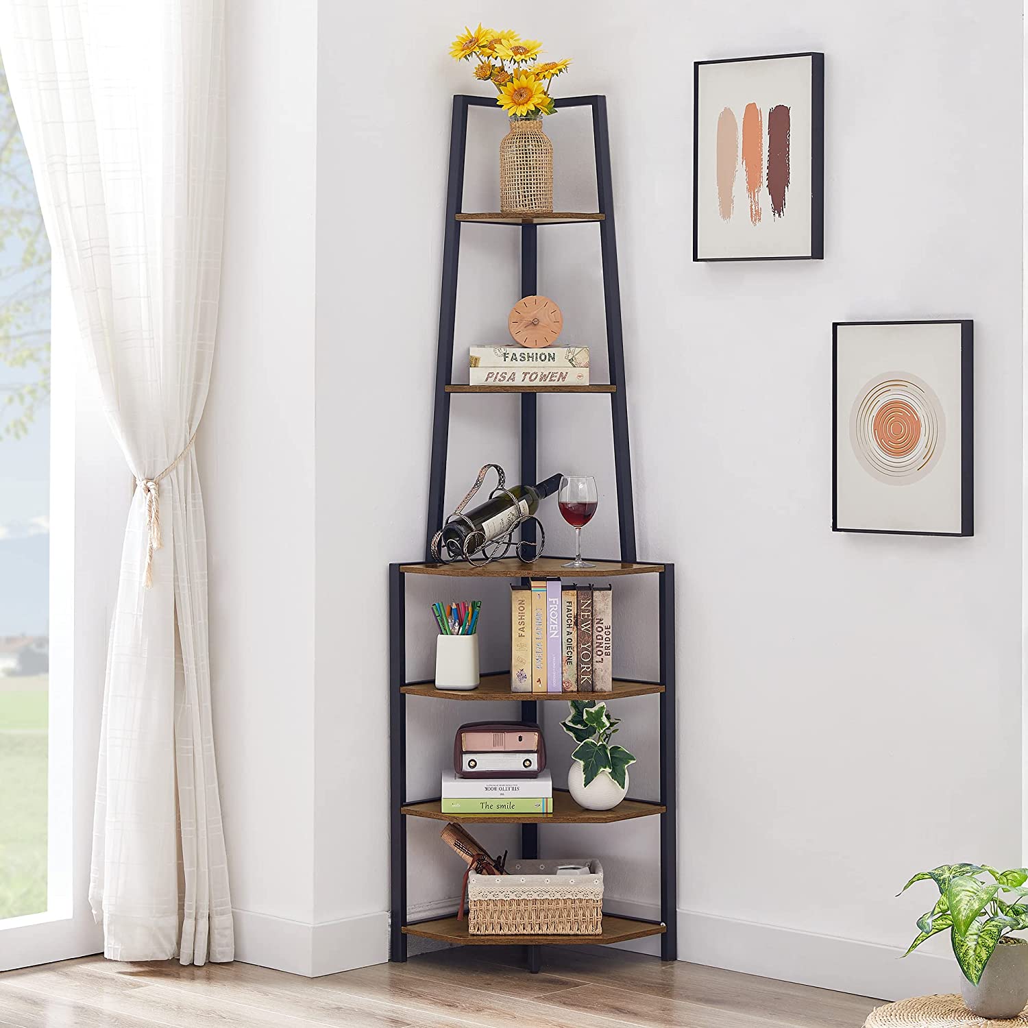 VECELO 6 Tier Corner Shelf, 69 Inch Industrial Bookshelf/Storage Stand with Metal Framefor Living Room, Bedroom, Home Office