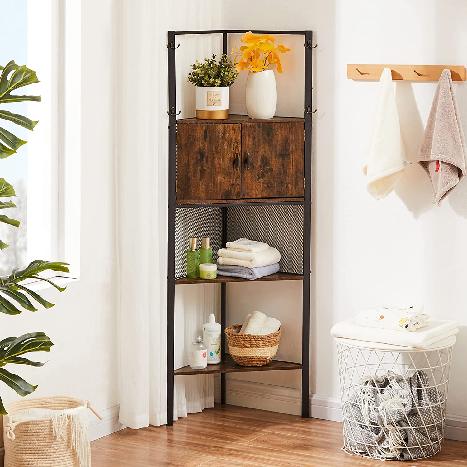 VECELO 5 Tier Corner Storage Cabinet with Wooden Shelves Free-Standing Organizer in Living Room/Bedroom/Entryway/Kitchen