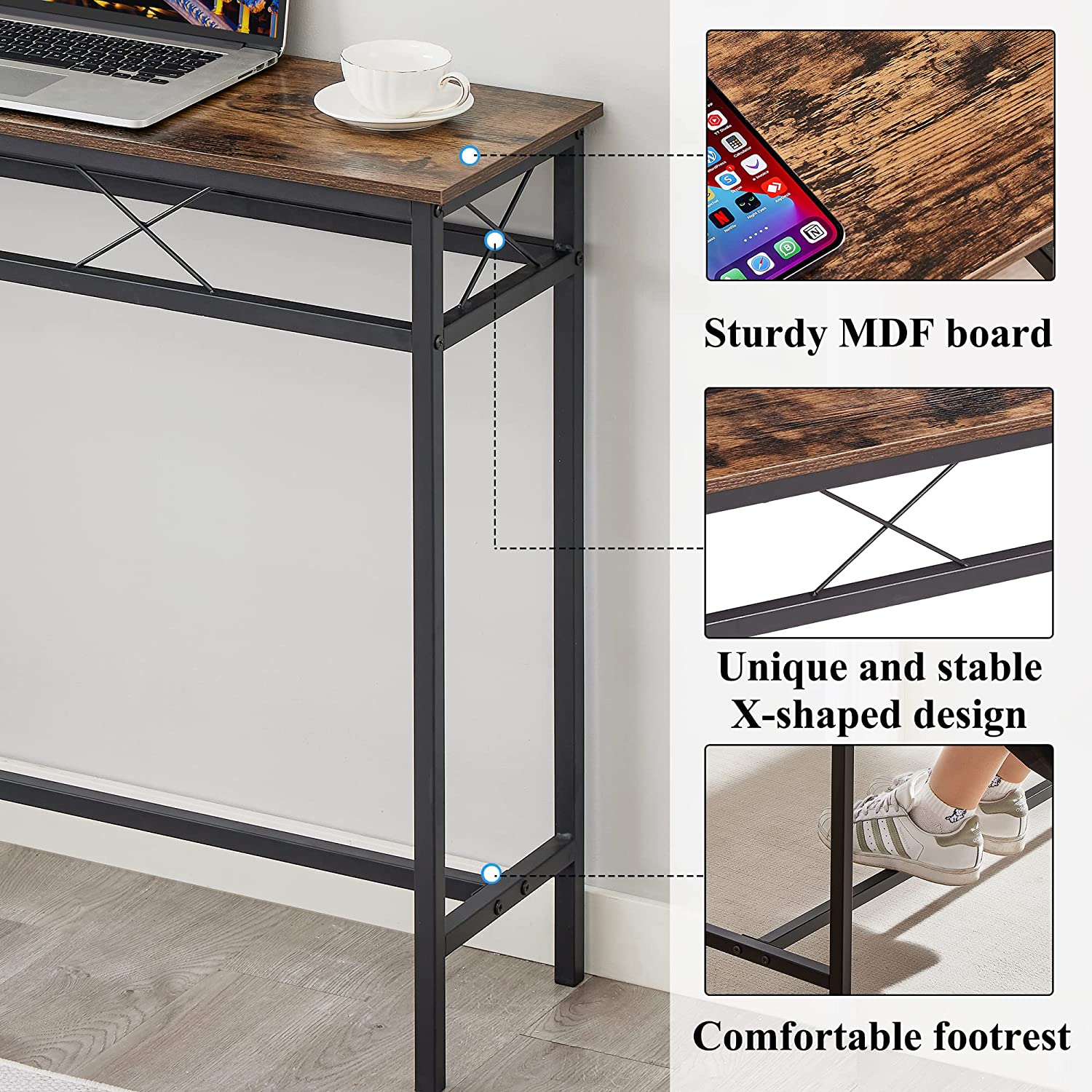VECELO Extra Long Narrow Sofa/Console Table with Charging Station & Power Outlet and USB Ports, for Entryway