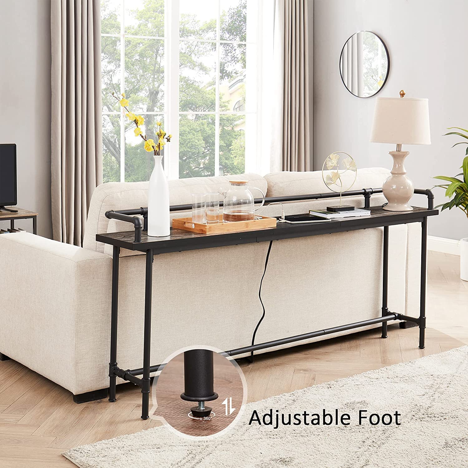 VECELO Extra Long Console/Sofa Table with Charging Station&Power Outlet, Narrow Industrial Behind Couch for Entryway,Hallway,Living Room
