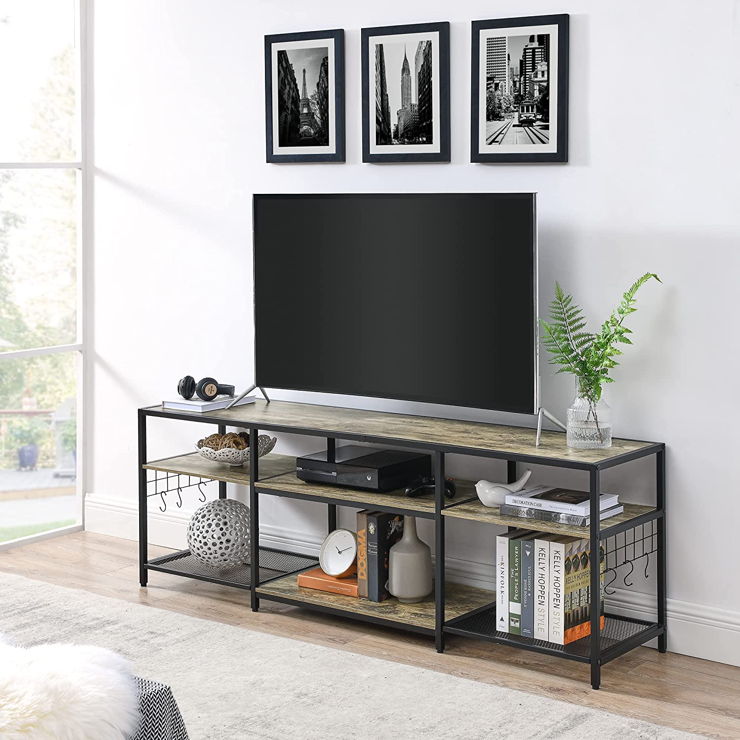 VECELO TV Stand Entertainment Center Media Console with 3-Tier Open Storage Shelves, Cabinet Table with Metal Frame for Living Grey