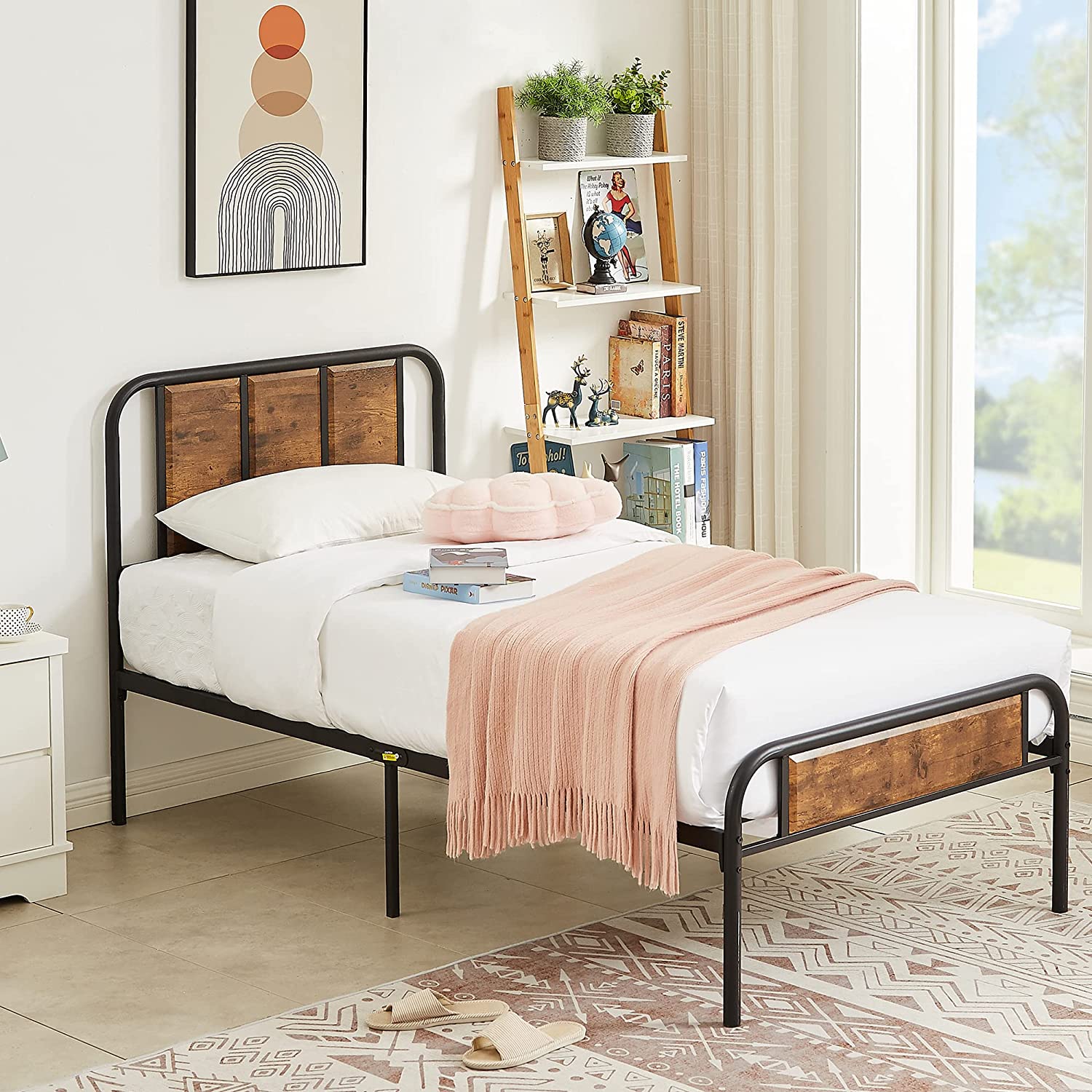 VECELO Bed Frame Metal Platform with Wooden Headboard Footboard Heavy Duty Mattress Foundation - VECELO