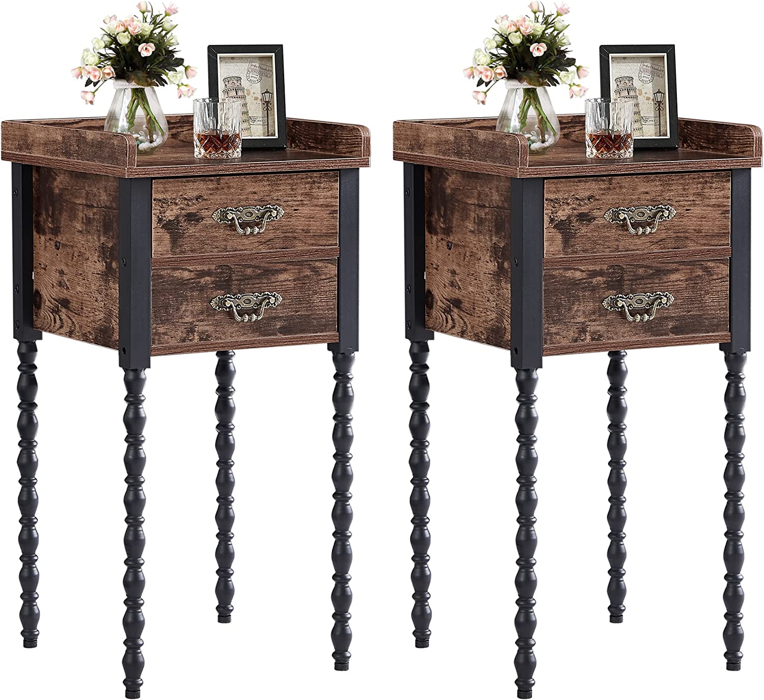 VECELO Vintage Narrow End Table/Nightstand with Drawer and Storage Shelf for Bedroom, living room